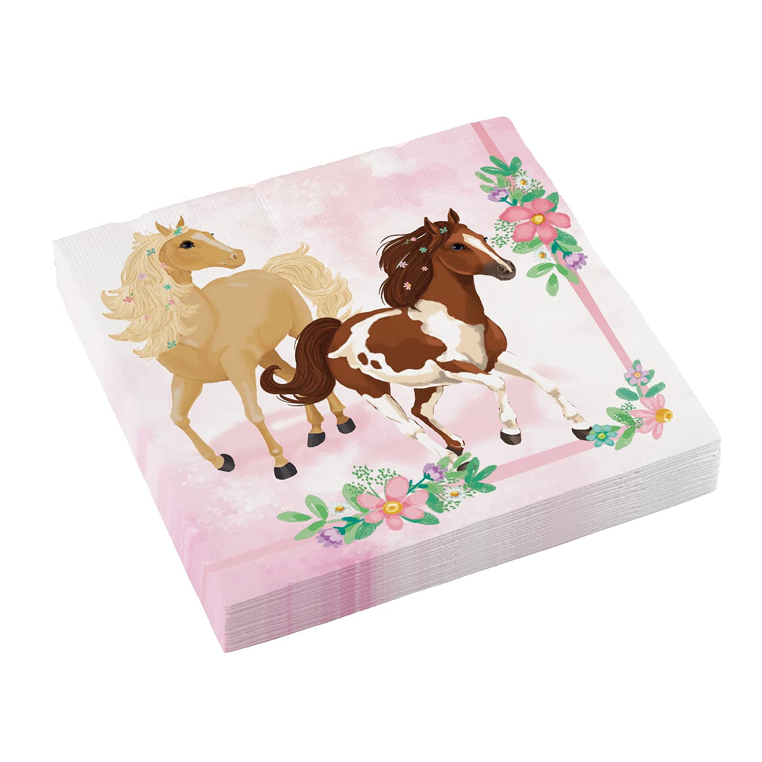 AmScan 20-Pack Paper Napkins with Pony, Horses & Flowers Design - 33cm for Birthday Parties, Baby Showers & Themed Events