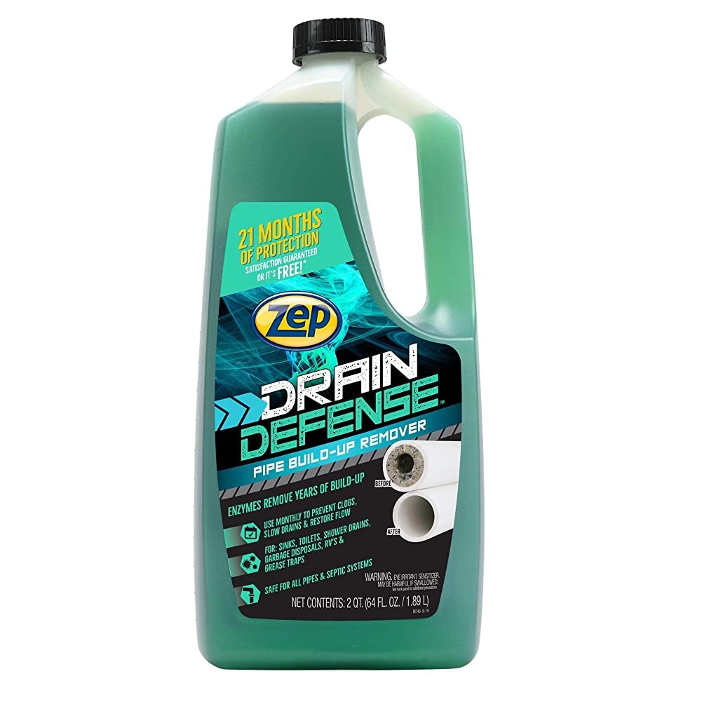Zep Drain Defense Pipe Build-Up Remover - 64 oz Professional Strength Liquid Drain Cleaner for Clogged Pipes - ZLDC648 - Safe for All Plumbing Systems - Use in Kitchen Sinks, Bathroom Drains & Showers