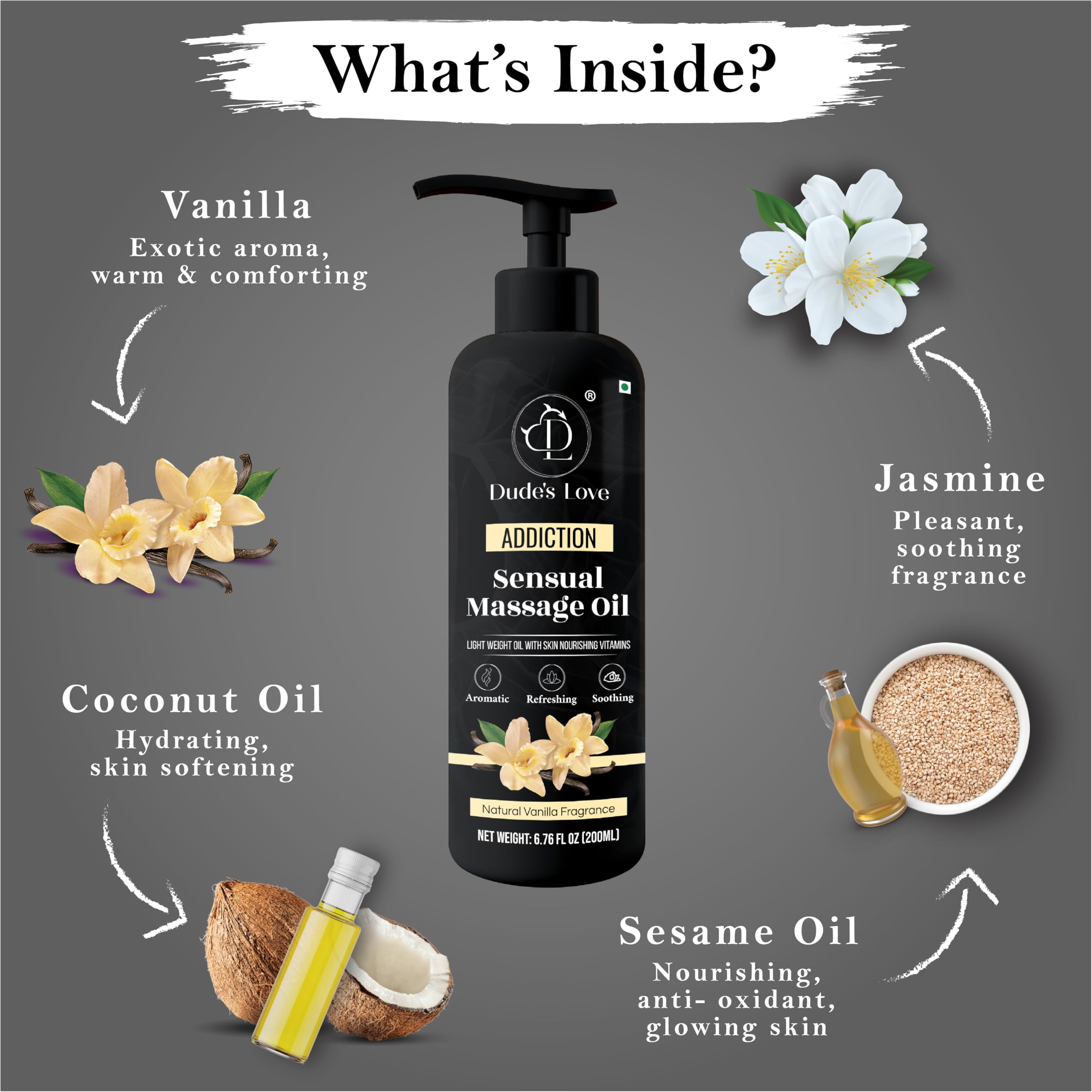 Organic Vanilla Massage Oil - Natural Edible Aromatic Body Oil with Coconut & Jasmine | Relaxing Couples Massage, Sensual Aromatherapy & Skin Hydration