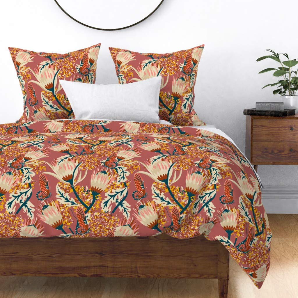Butterfly Floral Cotton Sateen Duvet Cover Twin - Nature Botanical Garden Plants Spring Bloom Midcentury Modern Custom Bedding | Soft Luxury Bedding for Home Decor, Guest Room & Nursery