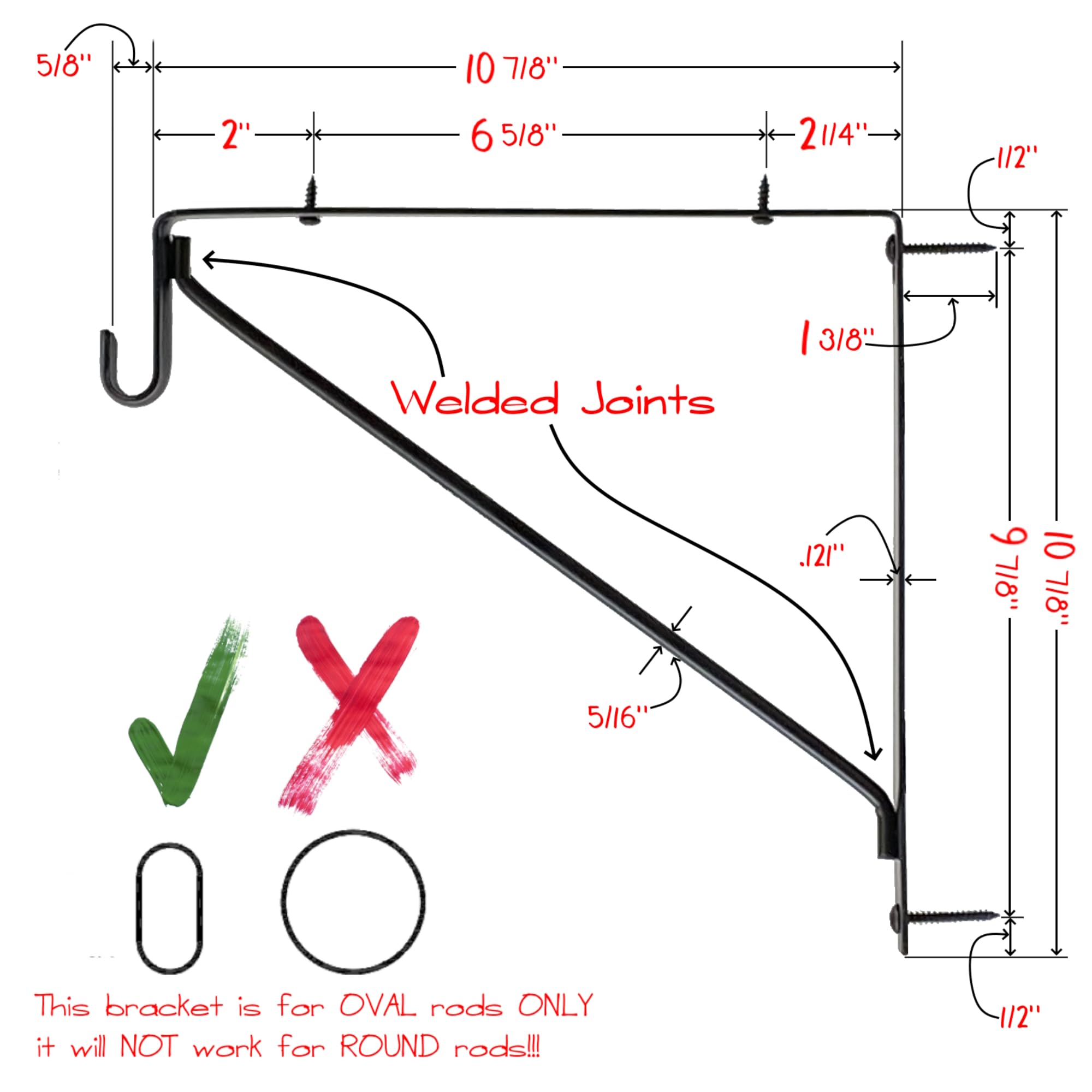 Heavy Duty Welded Oval Closet Rod & Shelf Support Bracket - Matte Black (2 Pack) | Sturdy Closet Organization for Hanging Clothes, Towels & Storage