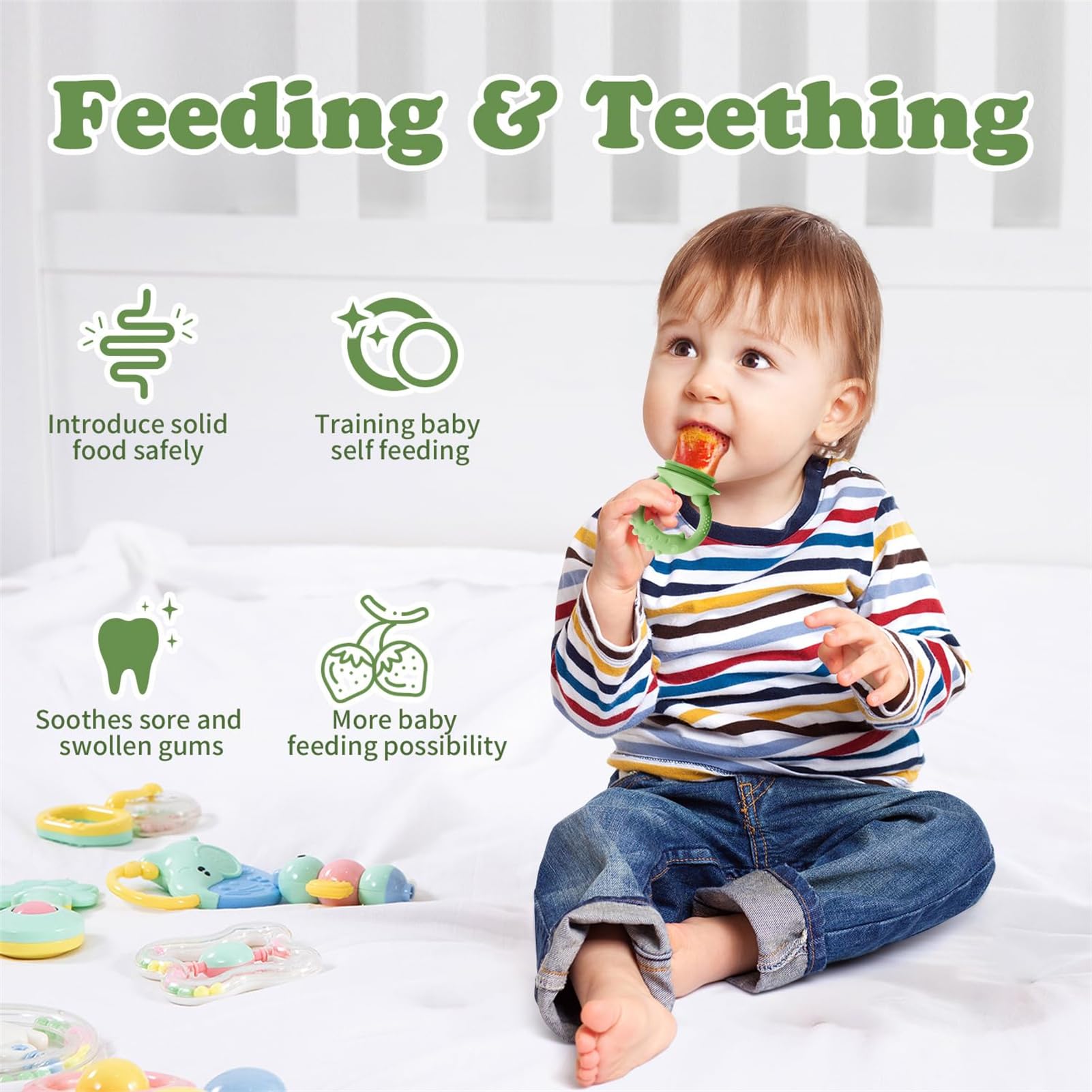 Organic Silicone Baby Fruit Feeder & Breastmilk Popsicle Molds - BPA Free Freezer Tray with Lid, 2 Pack Infant Teething Relief & Self Feeding Tool - Includes 6 Food Pacifiers (Green + Dark Blue) - Perfect for Introducing Solids, Soothing Sore Gums & Making Homemade Baby Food Popsicles