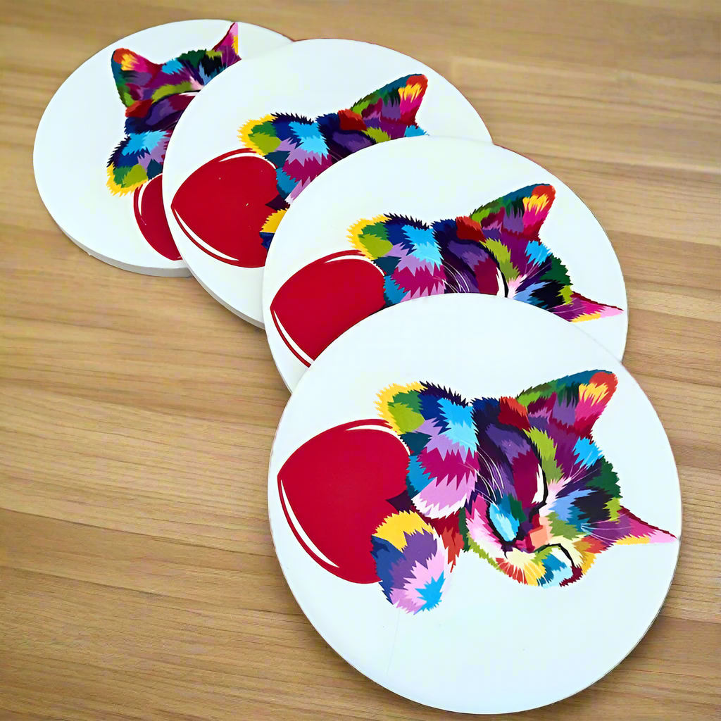 Ceramic Round Rainbow Kitten and Heart Cat Coasters Set of 4 - Cute Cat Lover Gift - Absorbent Drink Coasters for Coffee Table, Desk & Home Decor