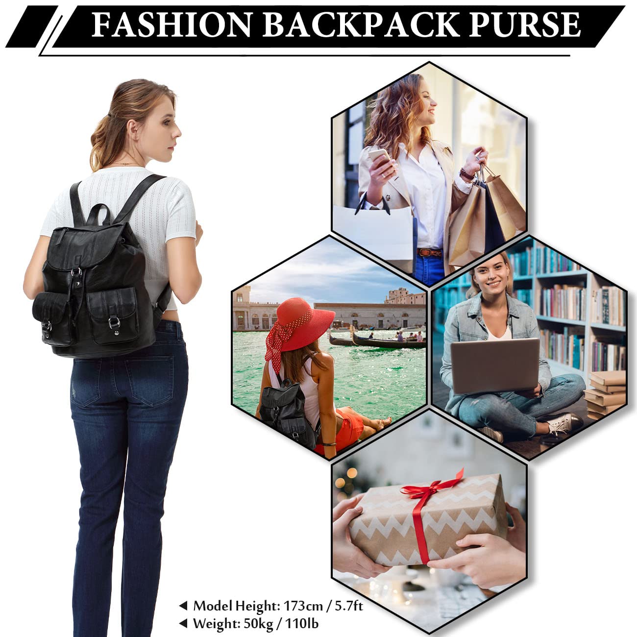 VASCHY Women's Faux Leather Backpack Purse with Buckle Flap & Drawstring Closure, Stylish College Backpack with Two Front Pockets - Black | Perfect for School, Travel & Everyday Use