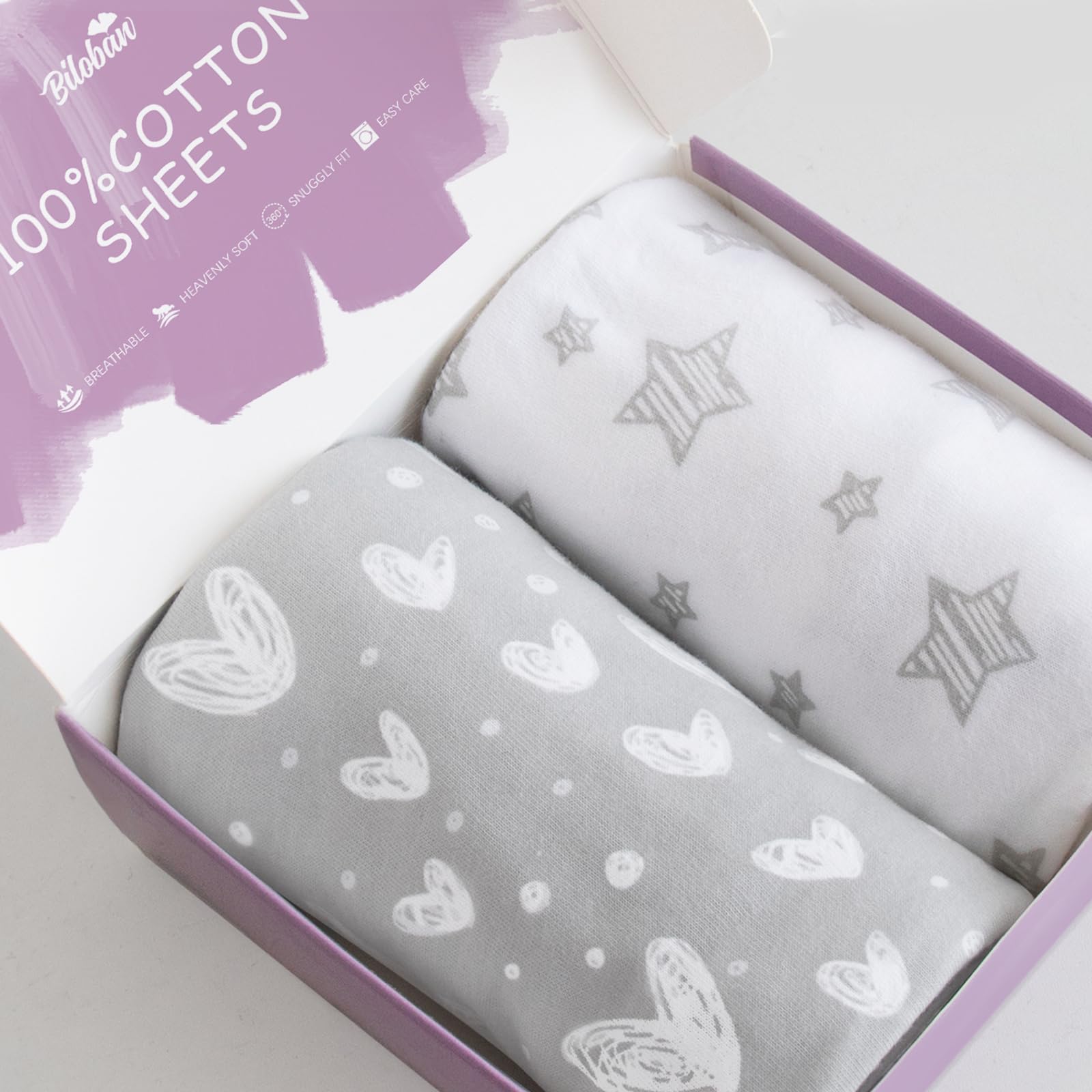 Soft & Breathable 100% Jersey Cotton Pack and Play Sheets - 2 Pack, Fits ADOVEL, BabyBond & ELEMARA 4-in-1 Bassinet Bedside Crib - Grey & White Star Print - Perfect for Nursery, Travel & Co-Sleeping