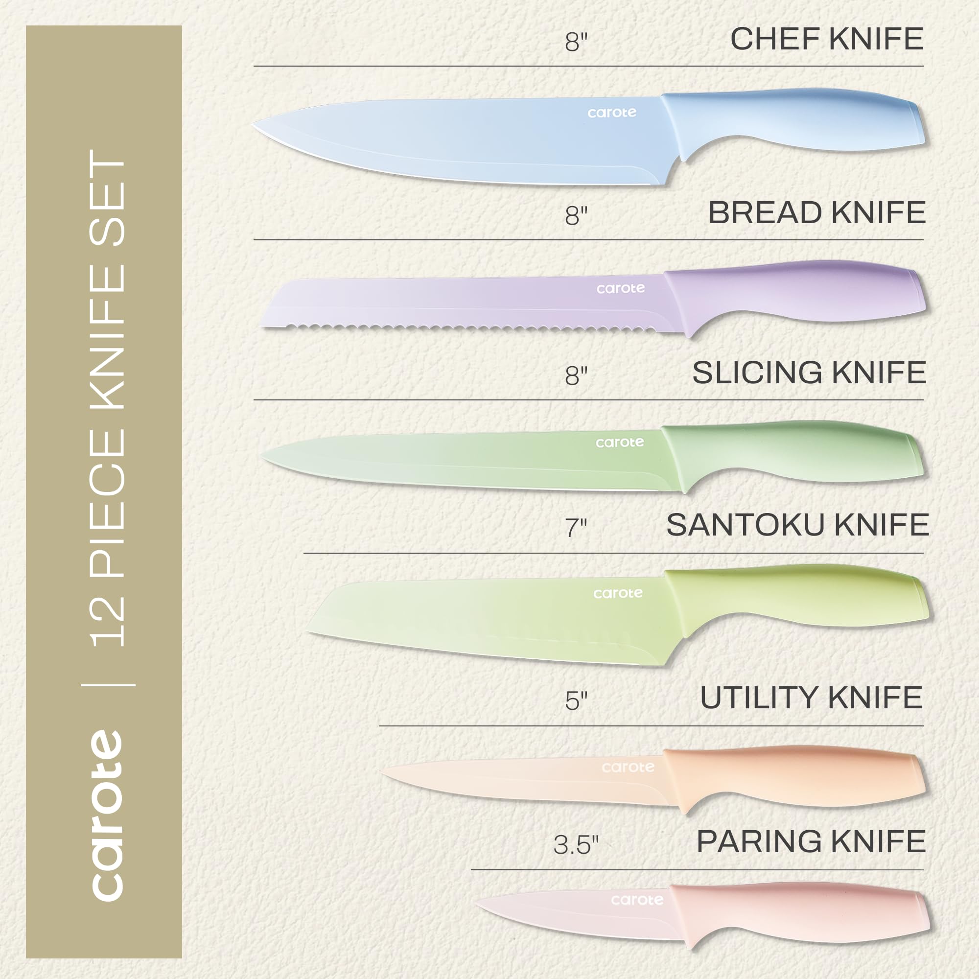 CAROTE 12-Piece Kitchen Knife Set - Stainless Steel Blades with Ceramic Nonstick Coating, Dishwasher Safe Cutlery with Blade Guards (Multicolor) - Perfect for Home Cooking, Professional Chefs & Gift Giving