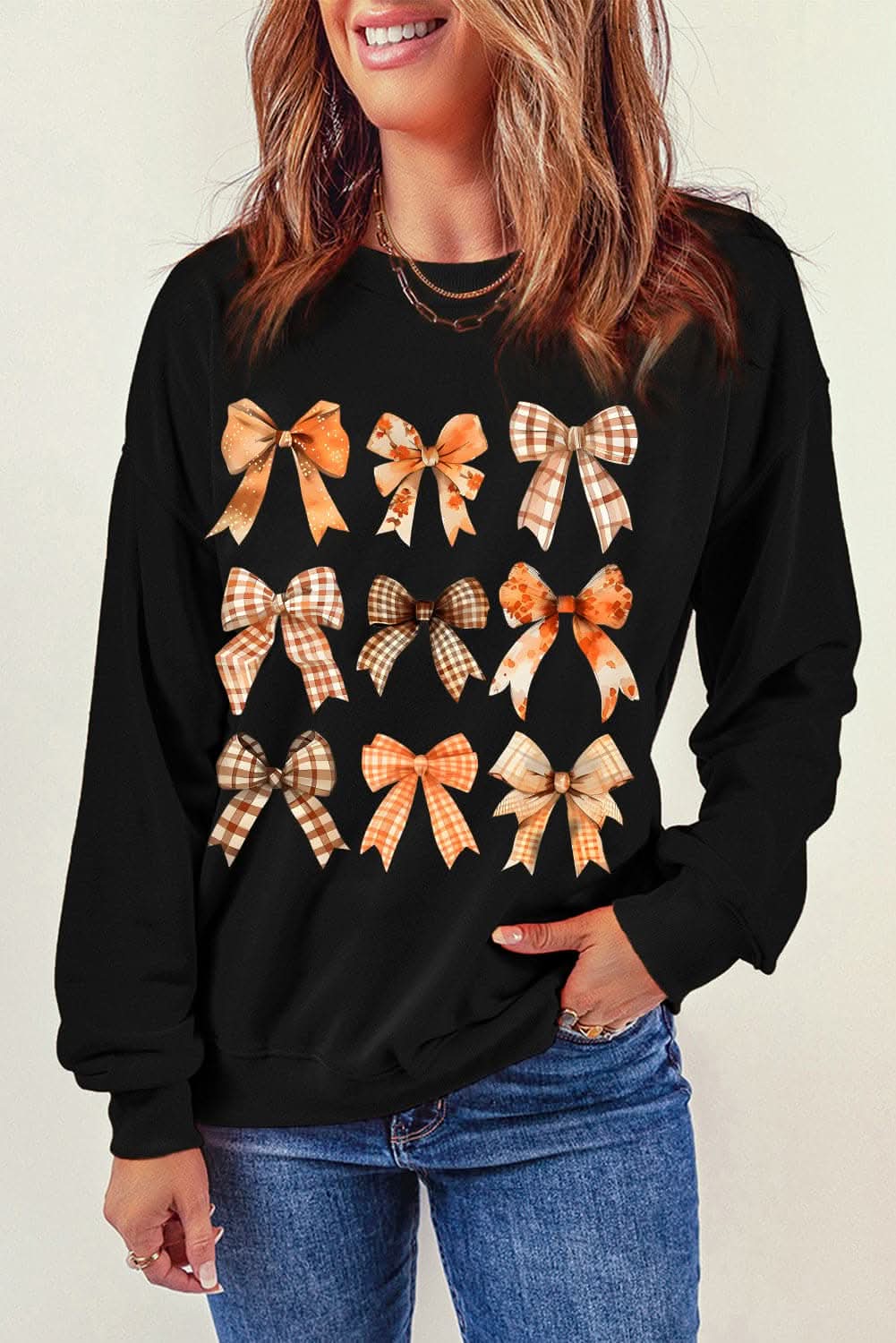 Stylish Bow Print Sweatshirt for Women - Long Sleeve Casual Pullover - Perfect for Fall Outfits, Coffee Dates & Weekend Errands