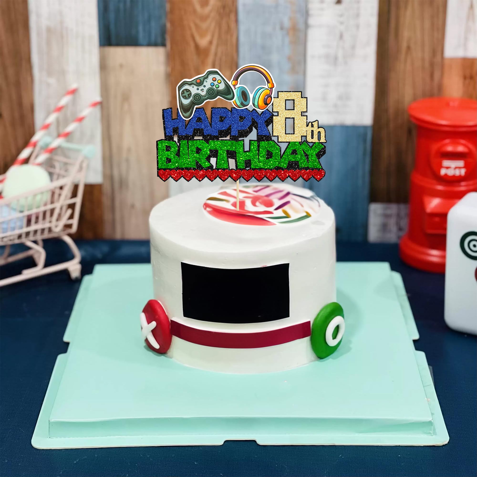 Ephlyn 1Pcs Glitter Video Game Birthday Cake Topper - 'Game On' Controllers & 'Eight Cheers to 8 Years' Decoration for 8th Birthday Party Supplies | Perfect for Gaming Themed Cakes and Kids Birthday Celebrations