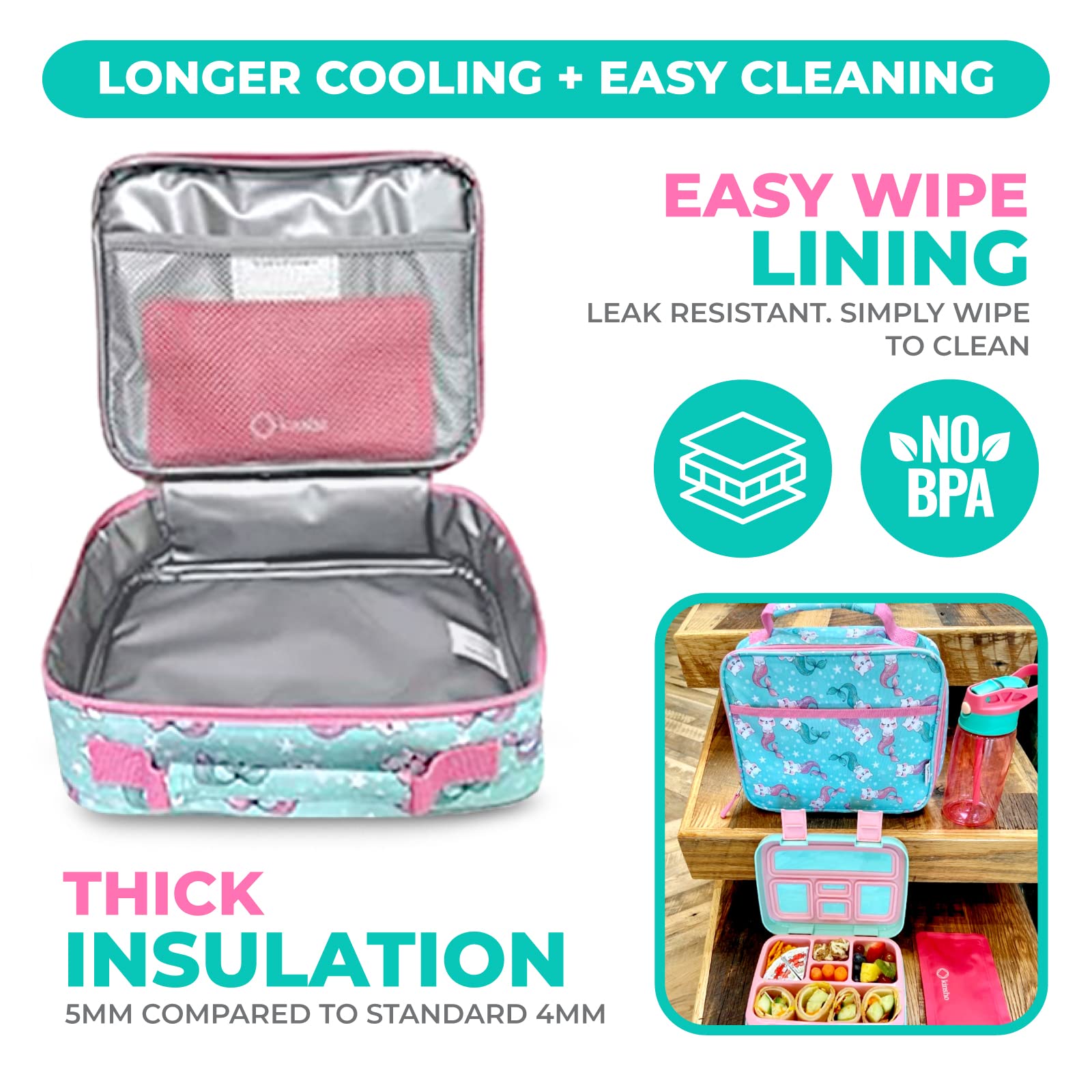 Insulated Lunch Box with Ice Pack for Girls & Kids - Leak-Proof Thermal Food Container for Daycare, Preschool & Kindergarten - Cute Mermaid Cat Design in Aqua & Pink - Perfect for School, Picnics & Travel Snacks