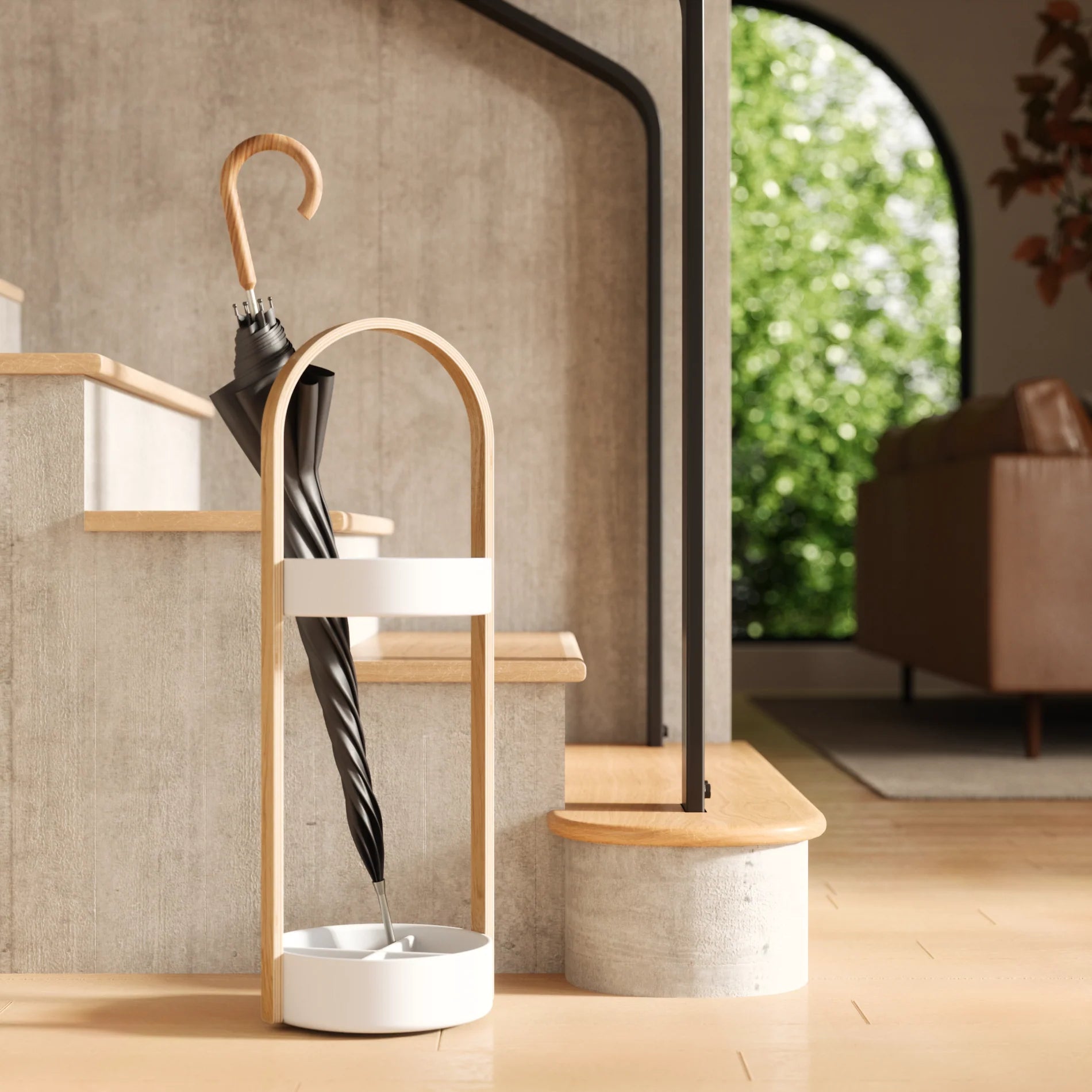 Bellwood Umbrella Stand - White & Natural Wood - Stylish Entryway Organizer for Home & Office Decor