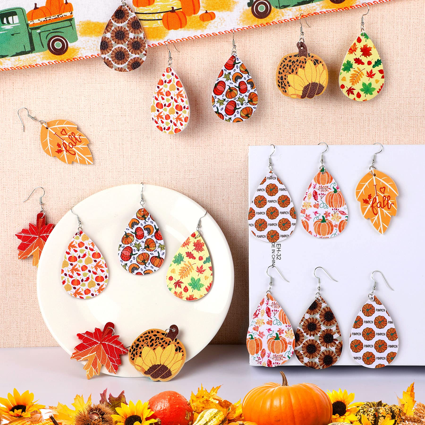 9 Pairs Thanksgiving Fall Faux Leather Earrings for Women - Pumpkin, Sunflower & Maple Leaf Dangle Earrings - Lightweight Autumn Jewelry for Holiday Parties, Office Wear & Seasonal Outfits