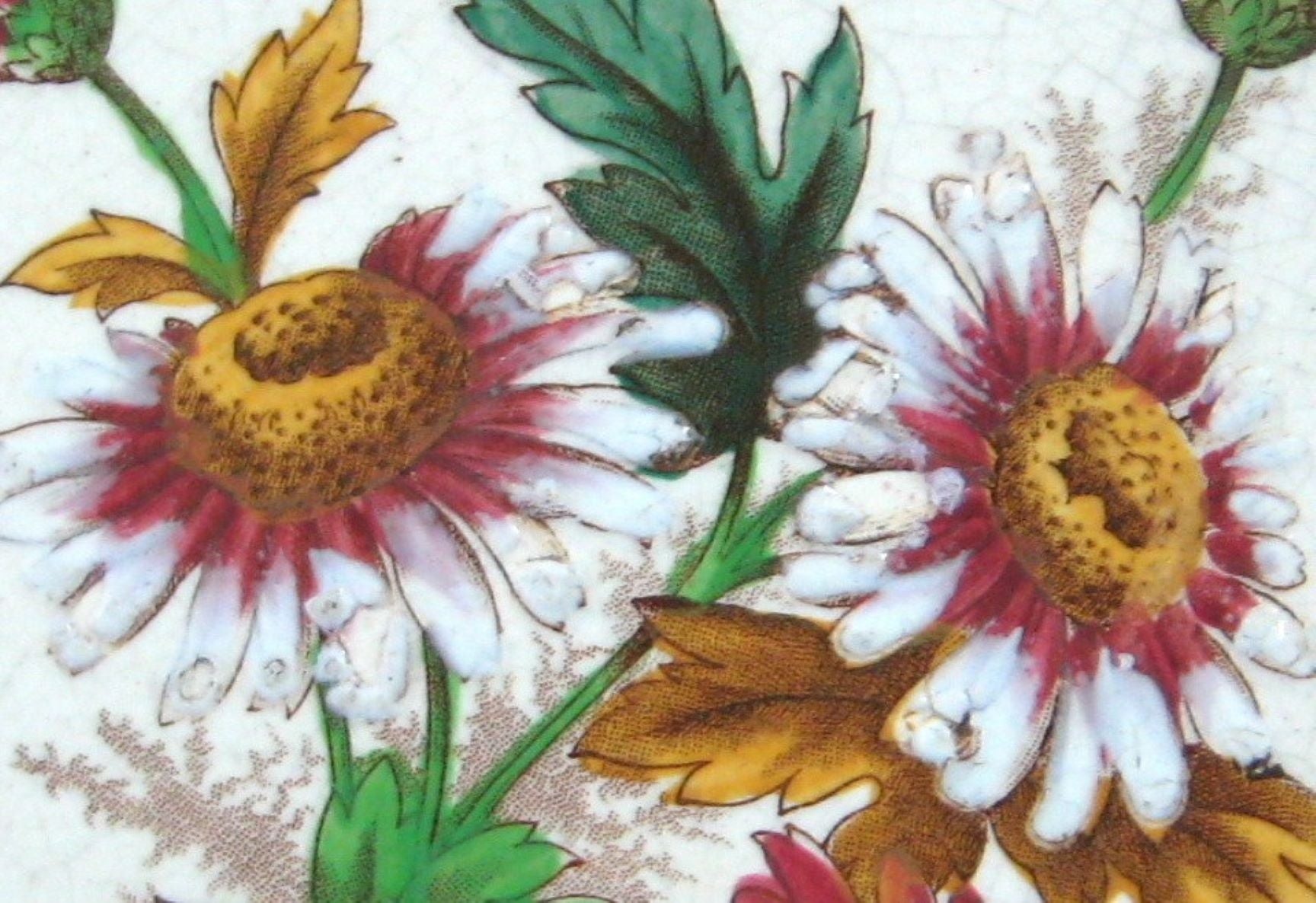 Victorian Transferware Tile with Daisies Design | 1891 English Architectural Tile Trivet | Perfect for Kitchen, Dining, or Home Decor