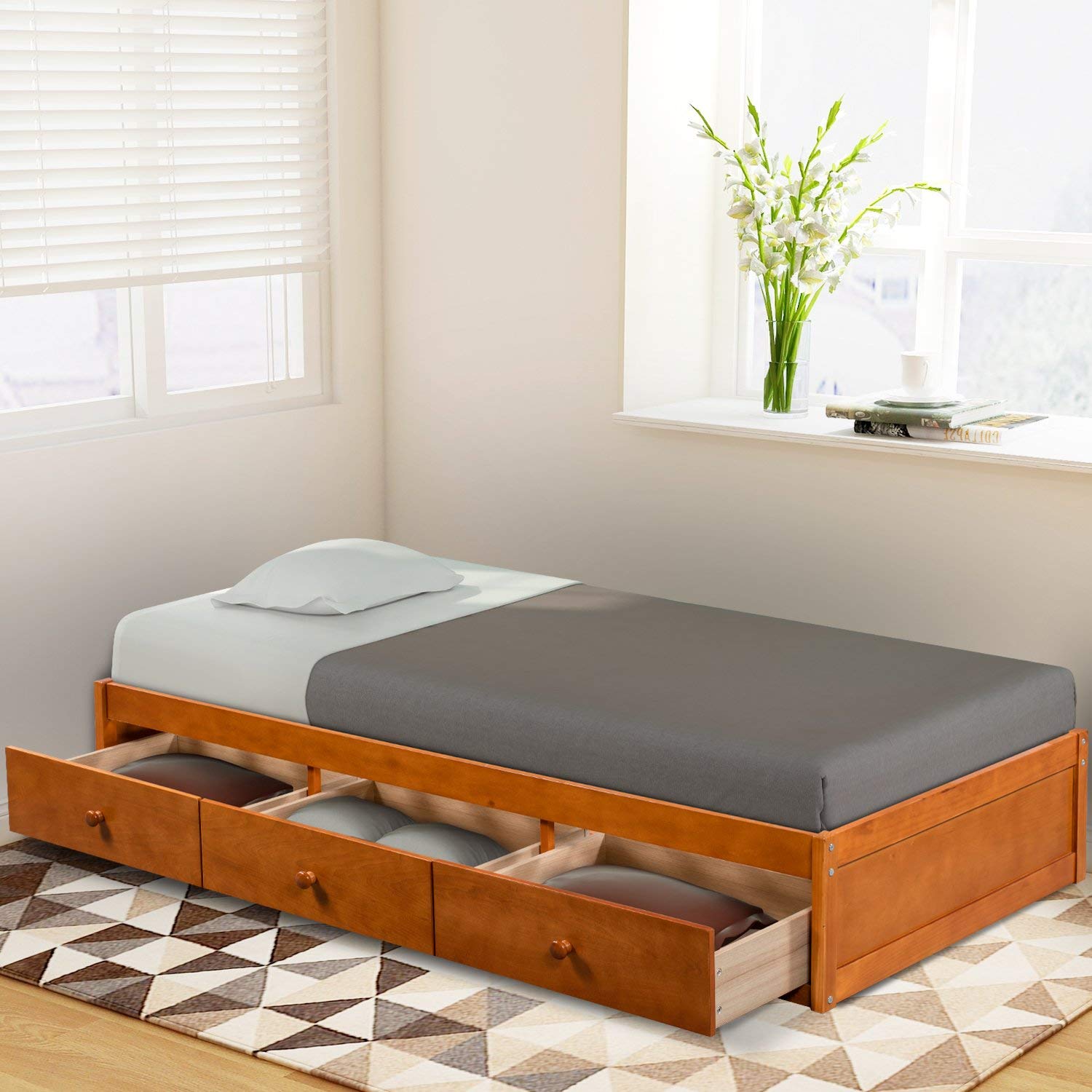 Rhomtree Twin Size Storage Platform Bed Frame with 3 Drawers - Solid Oak Wood Captain Bed for Small Spaces | Perfect for Kids Rooms, Guest Bedrooms & Studio Apartments