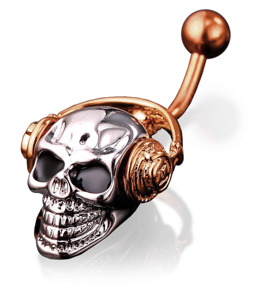 Rose Gold Belly Ring with Silver Skull Charm & Rose Gold Headphones Pendant - Stylish Body Jewelry for Parties, Concerts, and Everyday Wear