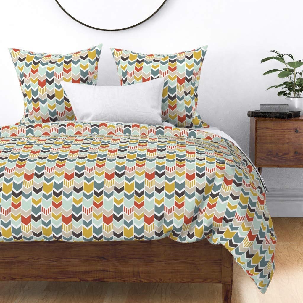 Premium Cotton Sateen Duvet Cover Full/Queen Size - Blue Chevron Arrow Geometric Modern Mint Print Bedding Set | Soft & Breathable Luxury Bed Sheets | Perfect for Boys' Rooms, Guest Bedrooms & Modern Home Decor