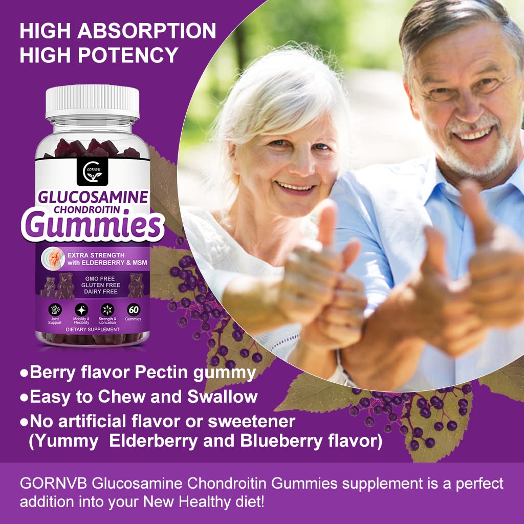 Glucosamine Chondroitin MSM Gummies with Elderberry - Extra Strength Joint Support Supplement for Adults - Antioxidant Immune Booster - 60 Gummies (2 Pack) - Ideal for Active Lifestyles & Joint Health Maintenance