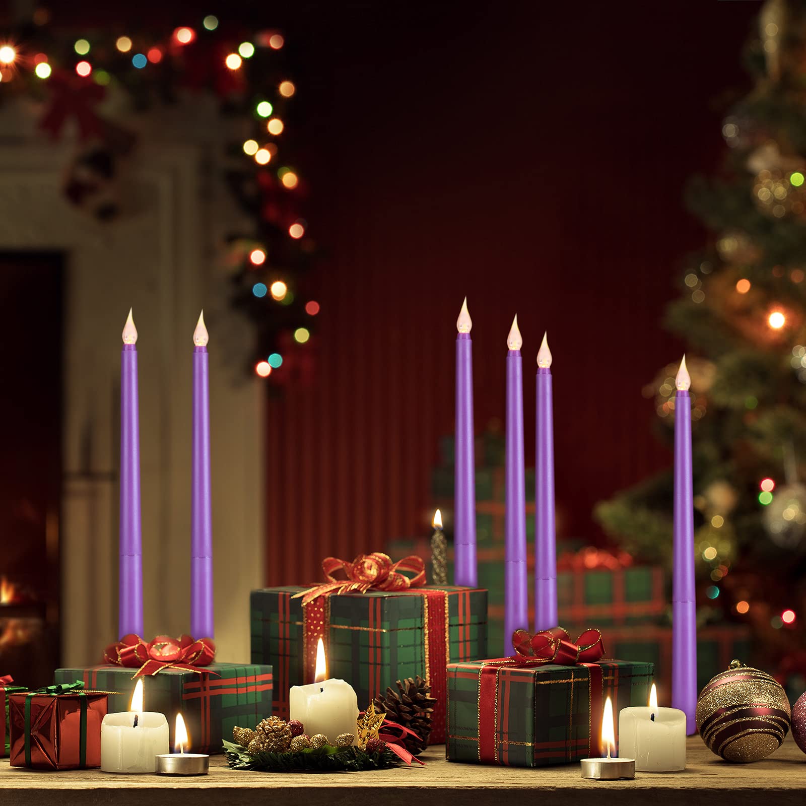 Enhon 8-Pack 10-Inch Purple Flameless LED Taper Candles - Battery Operated Flickering Candles for Wedding Decor, Christmas Centerpiece, Holiday Table Setting, Church Ceremony & Home Decoration - Safe for Kids & Pets