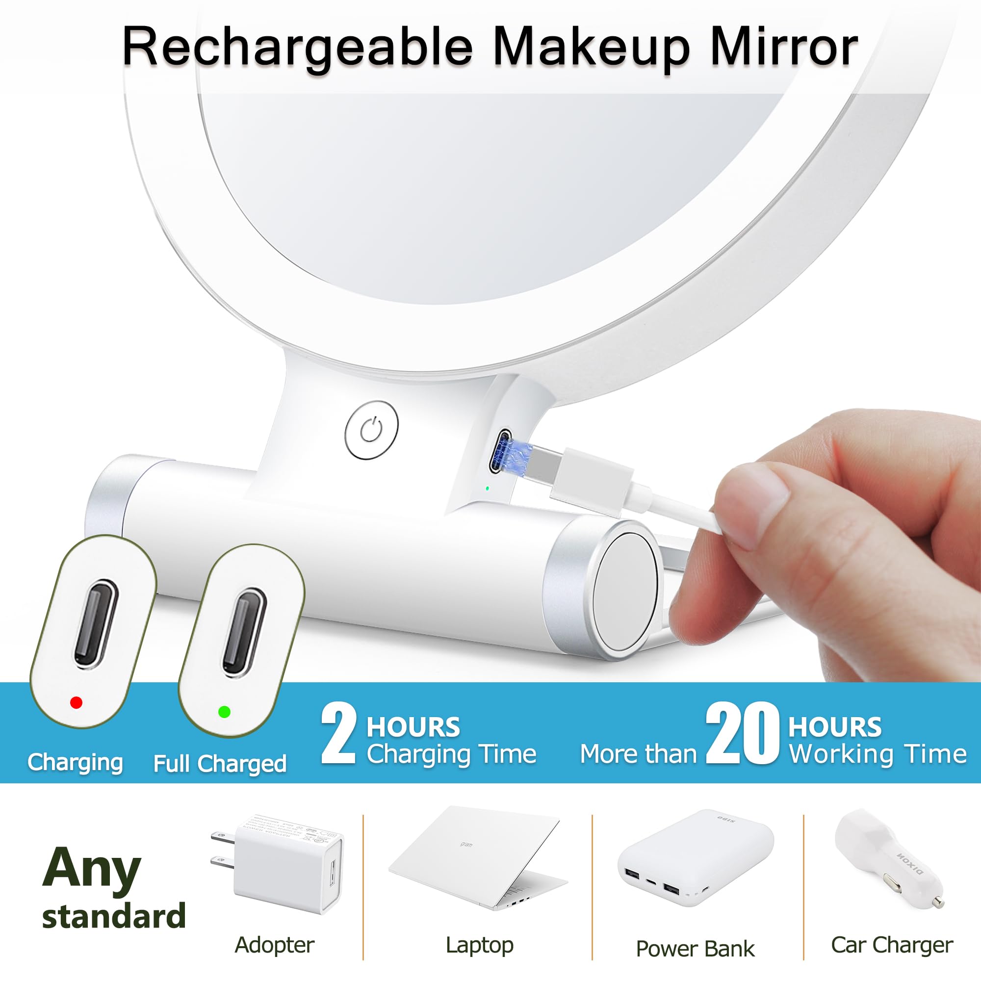 MIYADIVA 20X Magnifying Mirror with LED Light - Dual-Sided 1X/20X Vanity Mirror with Adjustable Handle & Touch Switch - Perfect for Travel Makeup, Eyebrow Plucking, Skincare & Shaving