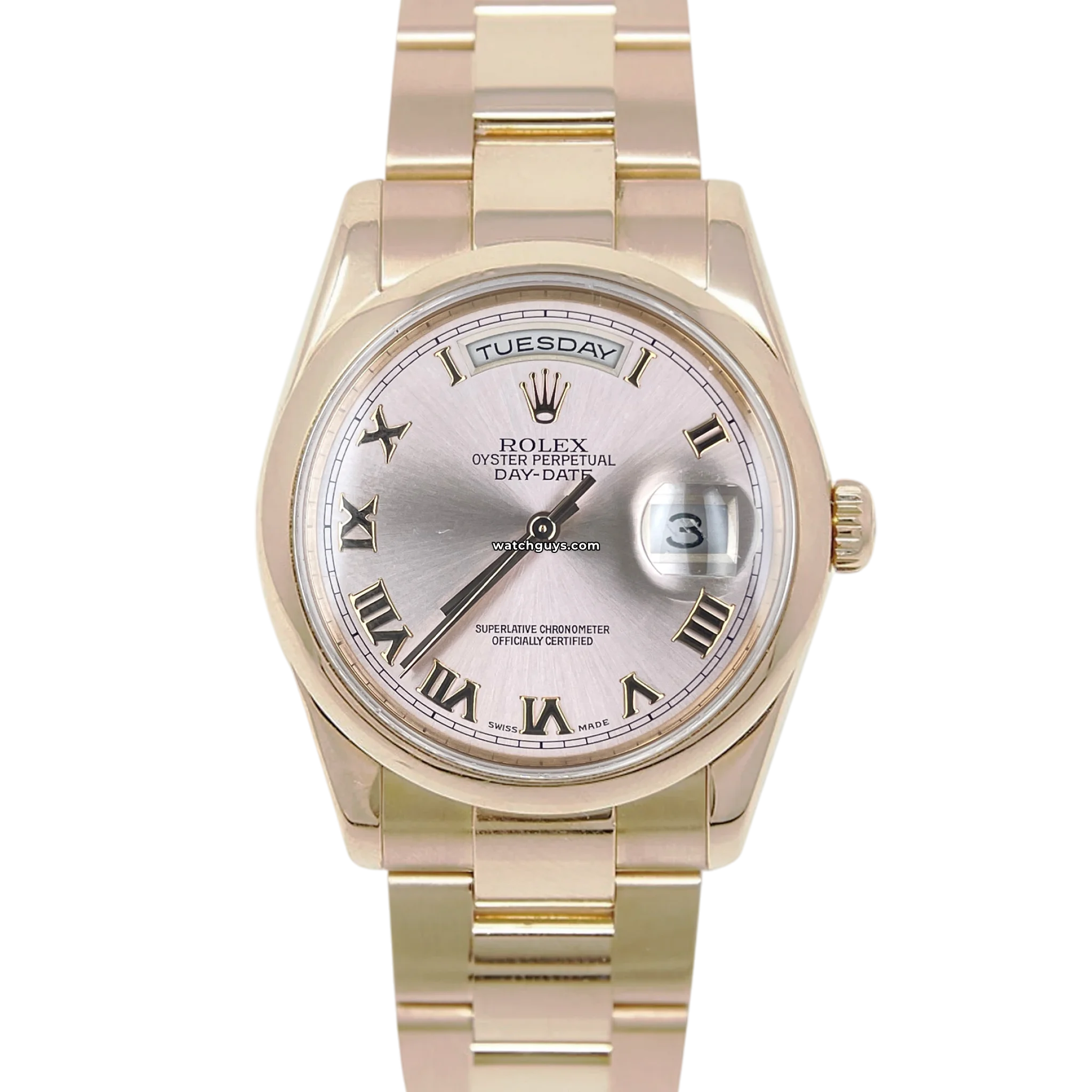 Luxury Rolex Day Date 118205 Watch - 18K White Gold, Pink Roman Dial, Swiss Made - Perfect for Business Meetings & Special Occasions