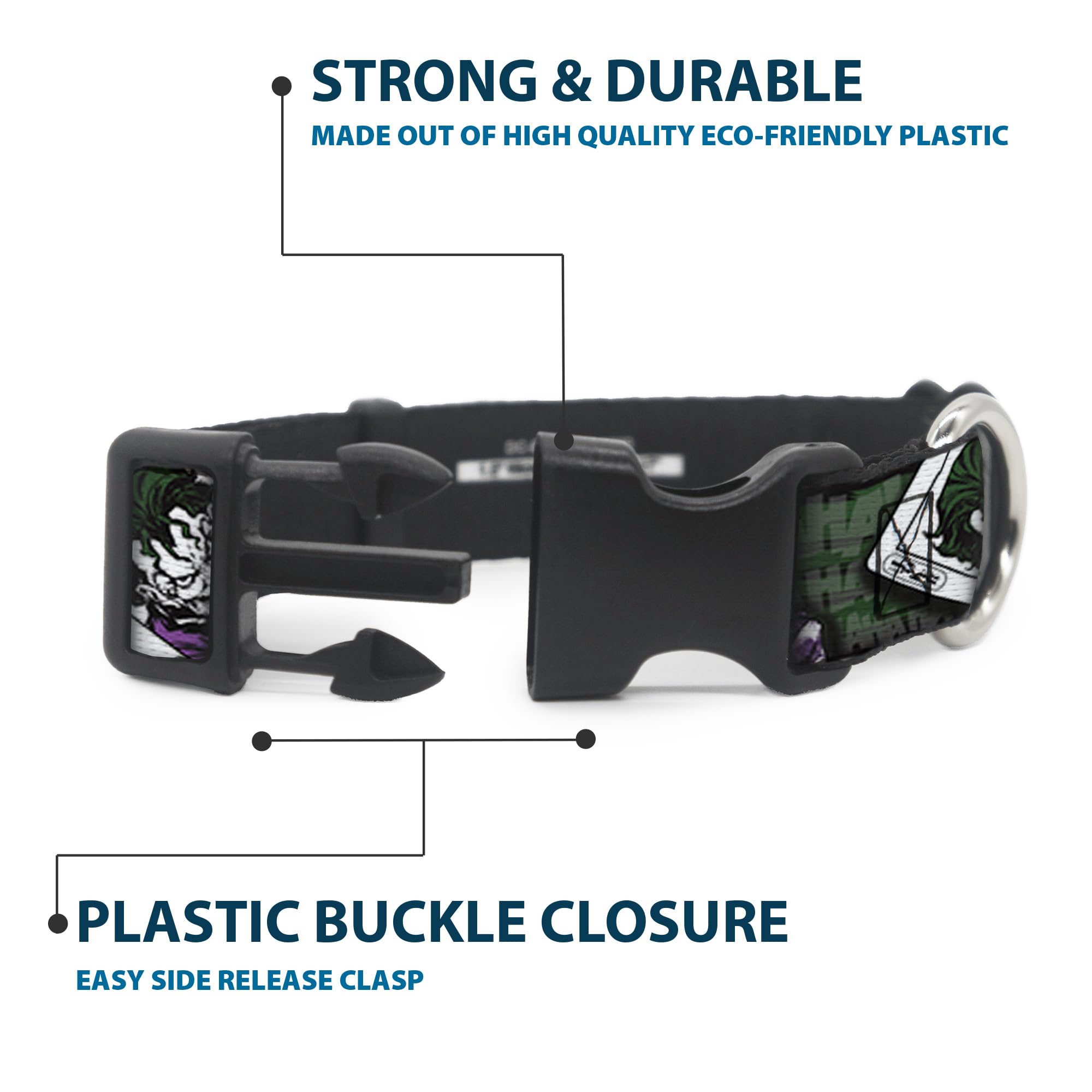 Buckle-Down Adjustable Dog Collar with Joker Card Design - 4 Fun Poses (Haha, Smile, Bang) in Gray, Green & Purple - 6 to 9 Inches Length, 0.5 Inch Width - Perfect for Halloween Costumes, Comic Con Events & Themed Pet Parties