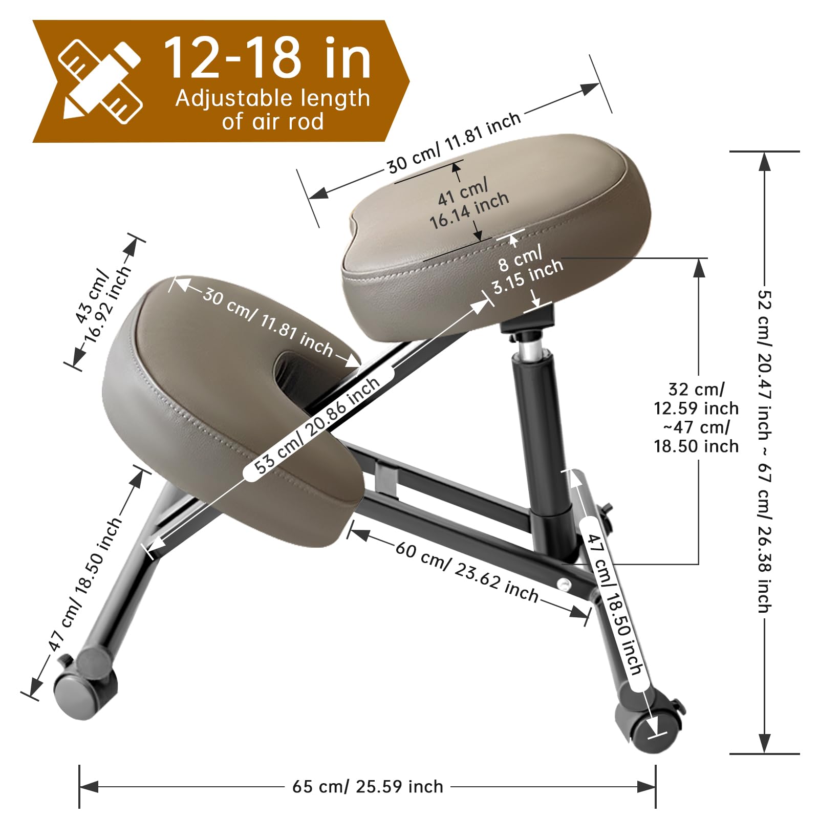 PU Leather Ergonomic Kneeling Office Chair - Adjustable Home & Office Stool with Thick Pads & Lockable Wheels for Back Pain Relief (Brown) | Perfect for Home Office, Meditation & Posture Correction