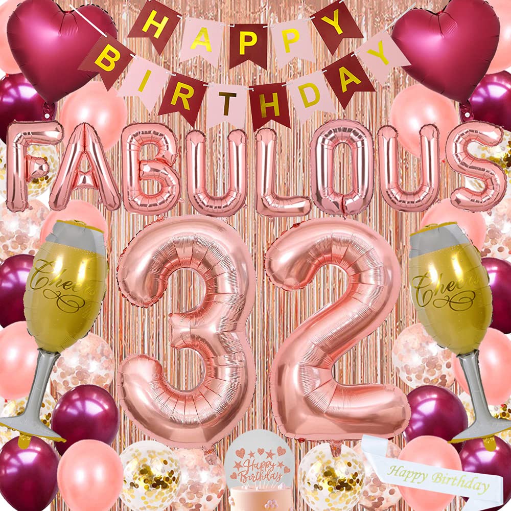 32nd Birthday Party Decorations for Women & Girls - Burgundy Pink Happy Birthday Banner, Sash, Cake Topper, Confetti Balloons, Champagne Glasses & Rose Gold Curtains | Elegant 32nd Birthday Party Supplies for Adult Celebrations, Milestone Decor & Photo Backdrops