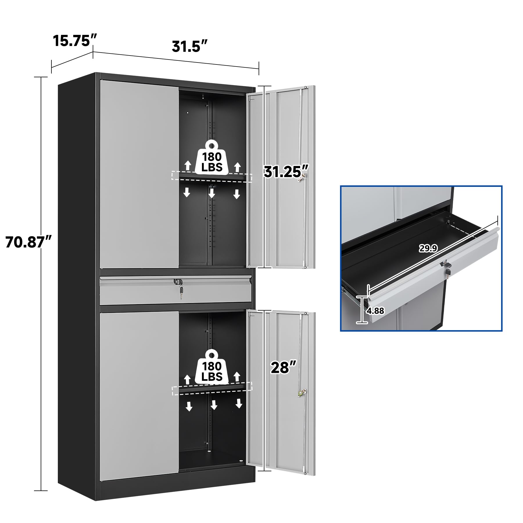 Heavy-Duty Metal Storage Cabinet with Lock & Adjustable Shelves - Steel Garage Tool Cabinet with 1 Drawer & Casters for Home, Workshop & Garage Organization (Black Gray, 71