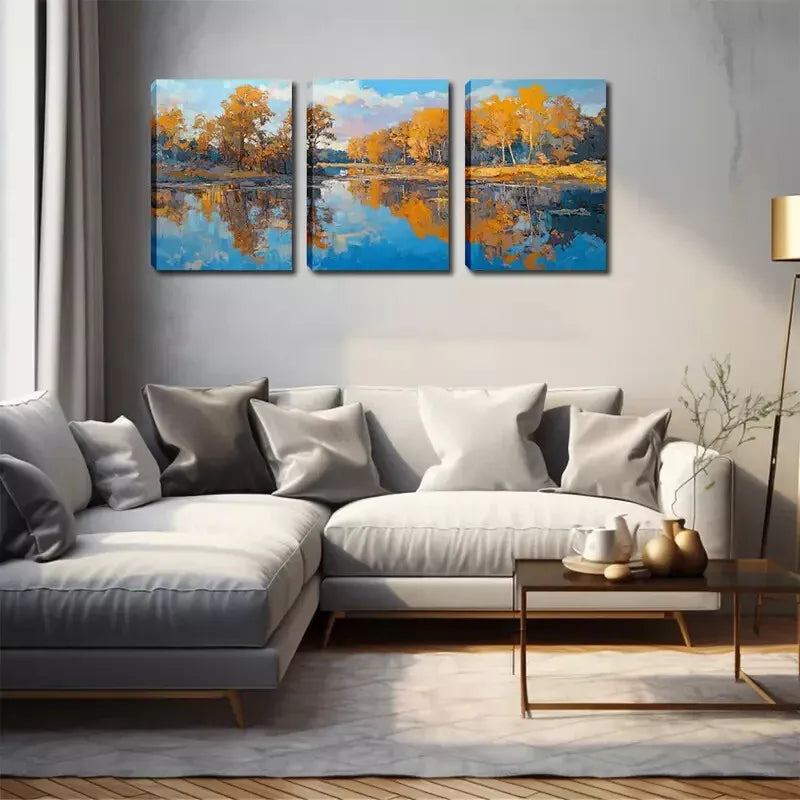 3-Piece Rustic Autumn Forest Reflection Wall Art Set - Framed Canvas 40x60cm - High Quality Print - 100% Australian Made - Ready to Hang - Perfect for Living Room, Bedroom & Office Decor