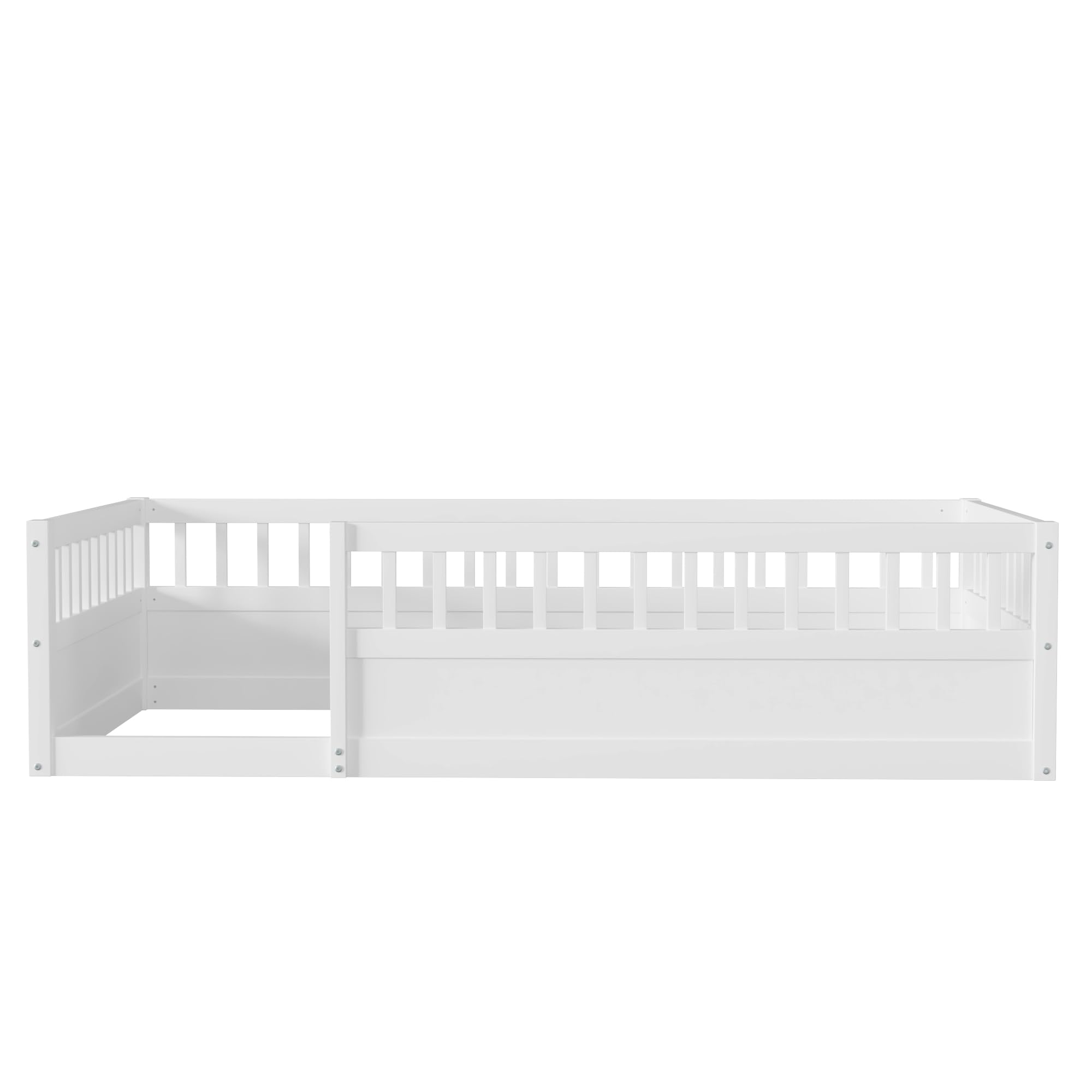 Bellemave Twin Size Montessori Floor Bed for Kids - Wooden Playhouse Bed with High Safety Railings for Baby Boys, Girls & Teens - No Slats Included (White) - Perfect for Montessori Rooms, Daycare Centers & Safe Toddler Sleep Spaces