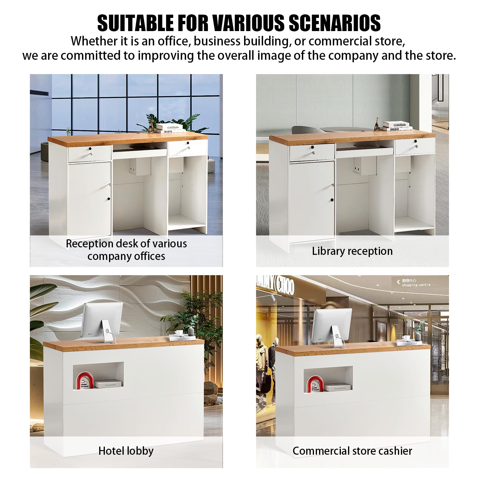 Modern Reception Desk Counter - Lockable Drawers Office Furniture for Clothing Stores, Beauty Salons & Bars | White Front Counter Table with Cashier Station | Perfect for Retail Shops, Spas & Hospitality Businesses