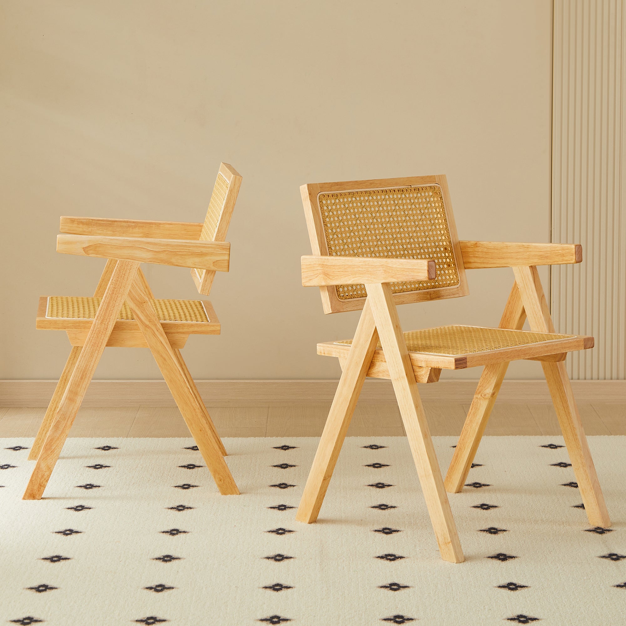 Solid Wood Dining Chairs with Armrests - Natural Rubber Wood & Rattan Woven Design for Kitchen, Dining Room, or Outdoor Patio