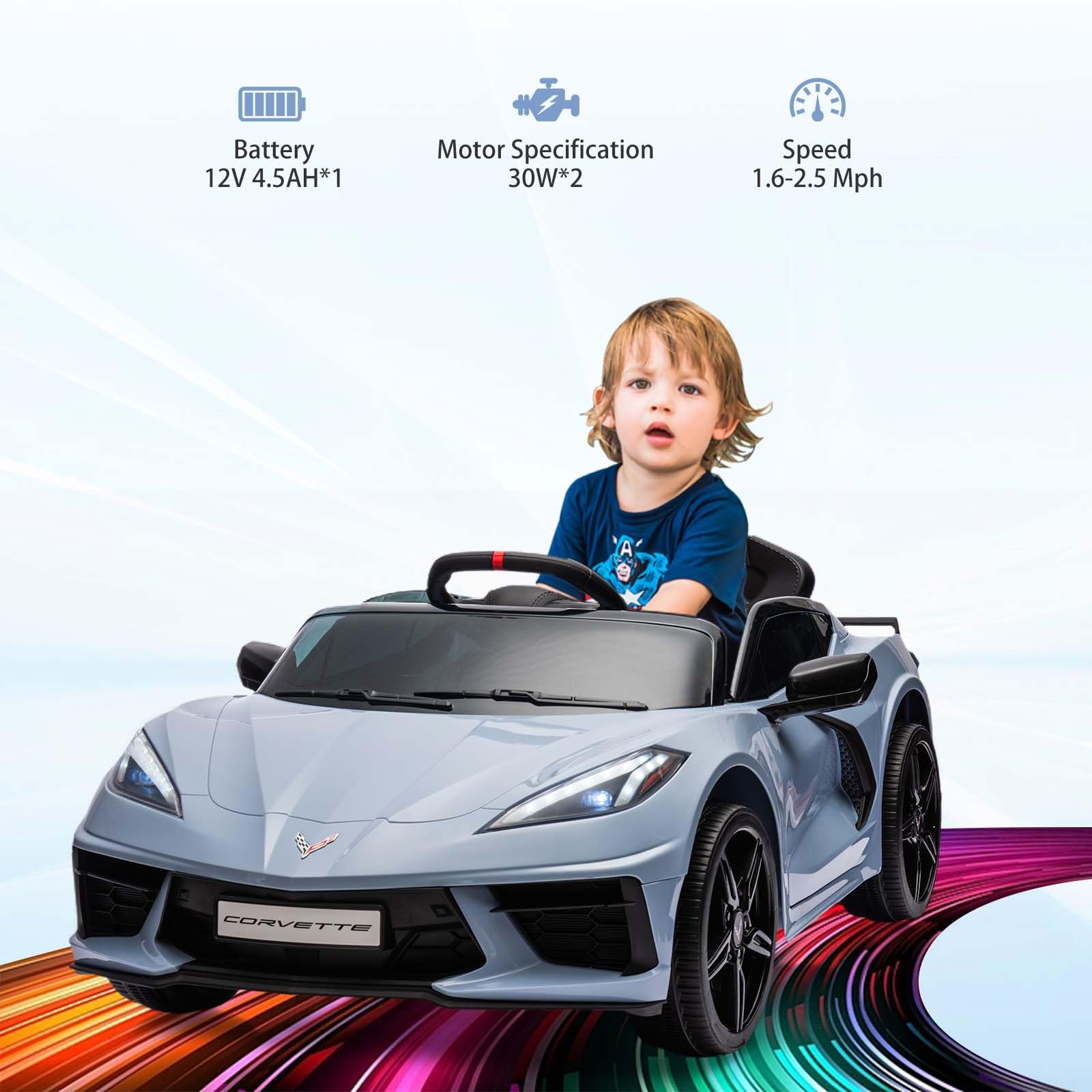 12V Licensed Corvette Kids Ride On Car - Battery Powered Electric Toy Car with Remote Control, LED Lights, Music & Visual Dashboard - Perfect Gift for Boys & Girls (Light Blue) | Indoor & Outdoor Play, Birthday & Holiday Gifts