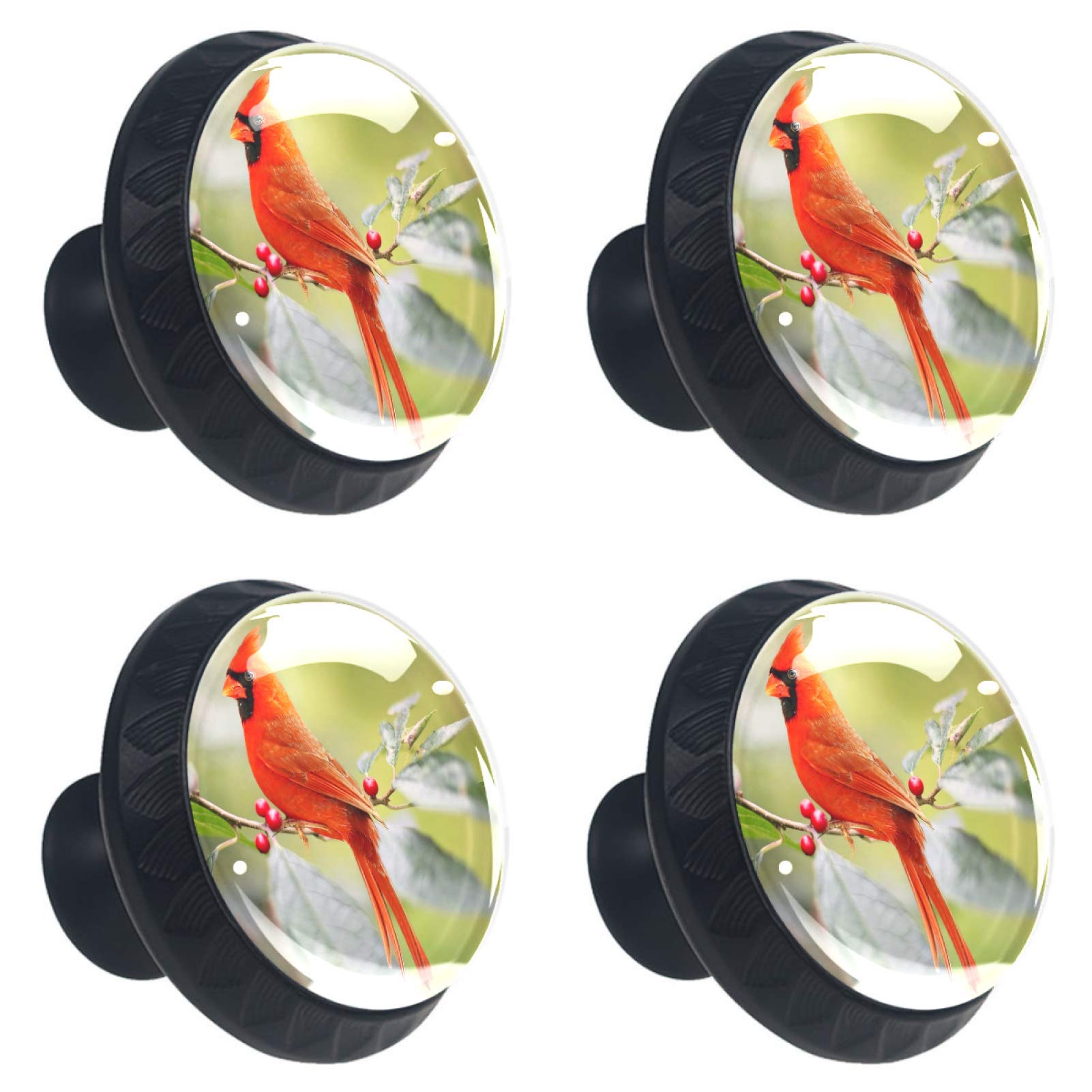 Lilibeely 4-Piece Cabinet Hardware Set - Round Furniture Knobs with Cardinal Bird & Red Holly Berries Design - Drawer Dresser Cupboard Wardrobe Pulls Handles (1.38×1.10 Inches) - Perfect for Home Kitchen, Bedroom, and DIY Furniture Upgrade