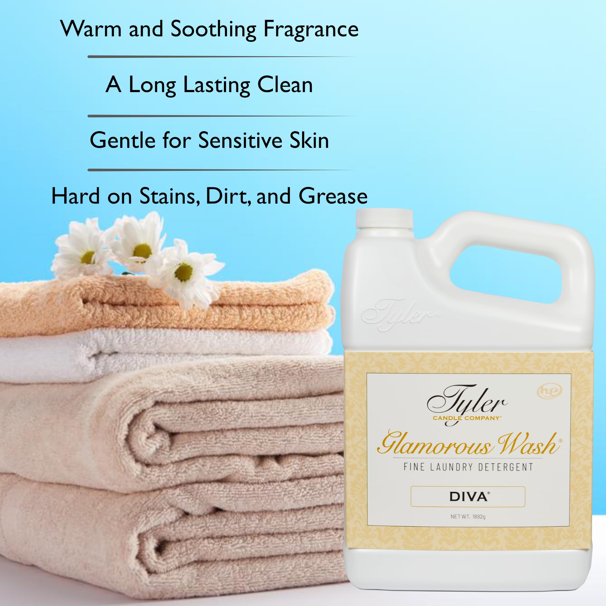 Tyler Candle Glamorous Wash Laundry Detergent - 64 oz Diva Bundle with Mixer Melts, Autoglam Freshener & Degreaser Pen | Luxury Scented Laundry Care for Clothes, Linens & Home | Perfect for Everyday Laundry, Special Fabrics & Car Interior Refresh
