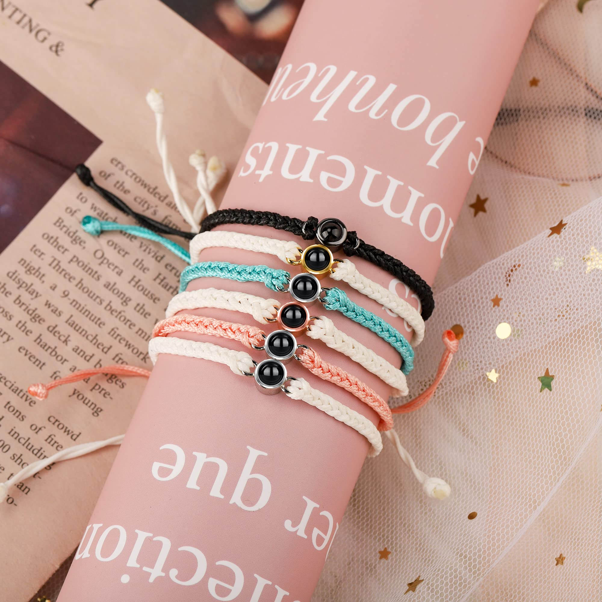 Custom Personalized Photo Projection Bracelet for Men & Women - Adjustable Handmade Braided Rope Circle Bracelet with I Love You Message in 100 Languages - Romantic Gift for Couples, Anniversaries & Special Occasions
