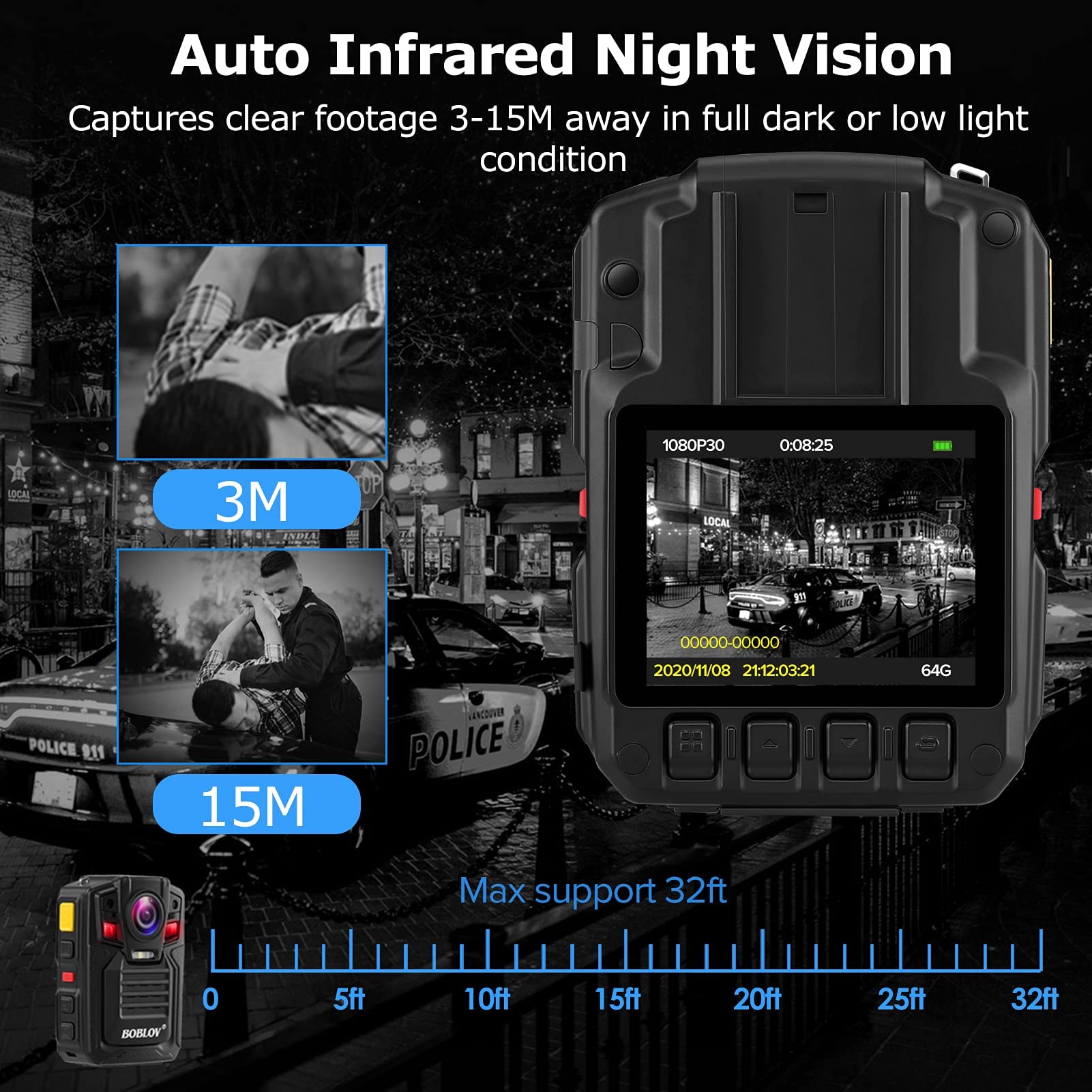 BOBLOV D7 2K Body Camera with 170° Wide Angle & Night Vision - IP67 Waterproof Security Camera with Audio/Video Recording - Includes 2 x 1950mAh Batteries & Charging Dock (128GB) - Ideal for Law Enforcement, Security Guards & Night Patrols