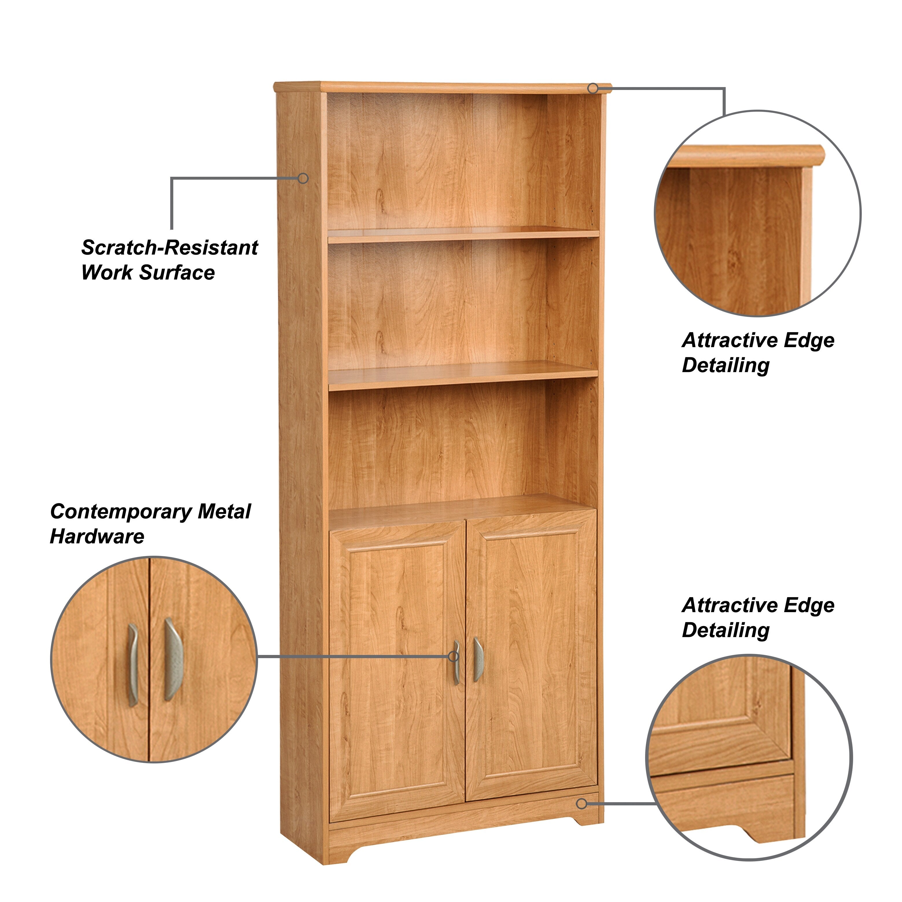 5-Shelf Bookcase with Doors - Honey Maple Wooden Bookcase with Adjustable Shelves, Modern Storage Unit with Metal Hardware - Perfect for Living Room, Office, or Library Organization