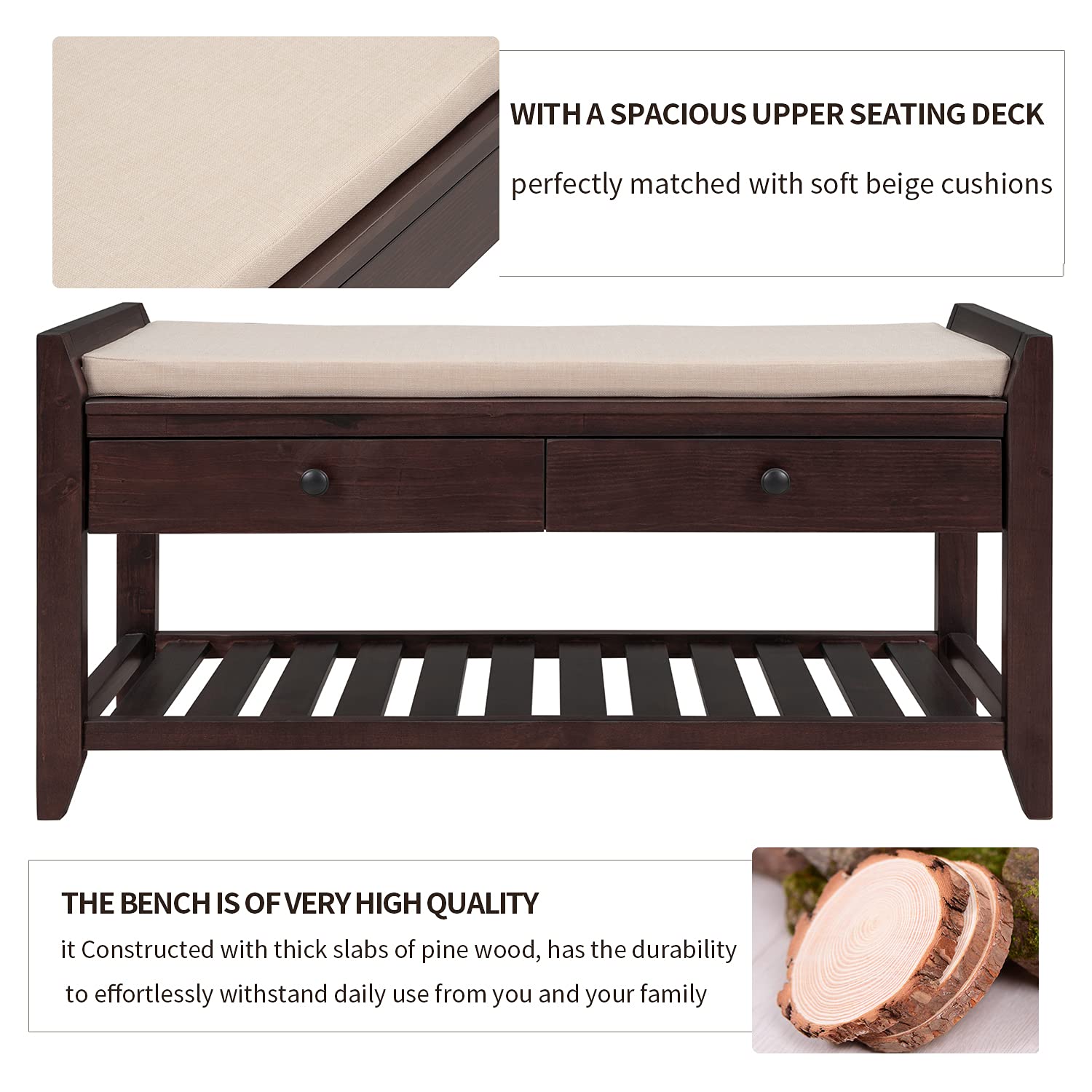 Multipurpose Storage Bench with Cushioned Seat & Drawers - Shoe Rack Organizer for Entryway, Hallway, or Bedroom - Espresso Wooden Bench for Home Decor & Storage Solutions