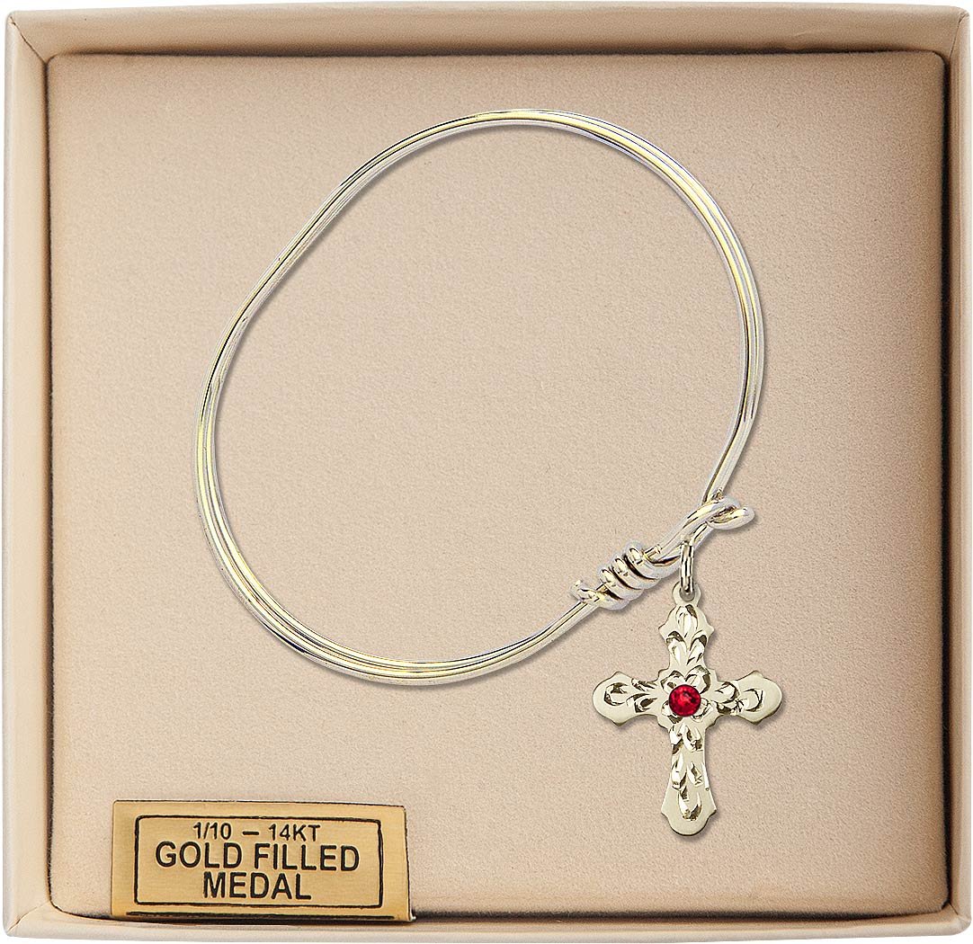 5 3/4 Inch Oval Eye Hook Bangle Bracelet with Cross Medal Charm & July Red Crystal - Elegant Jewelry for Women, Perfect for Gifts, Parties and Daily Wear