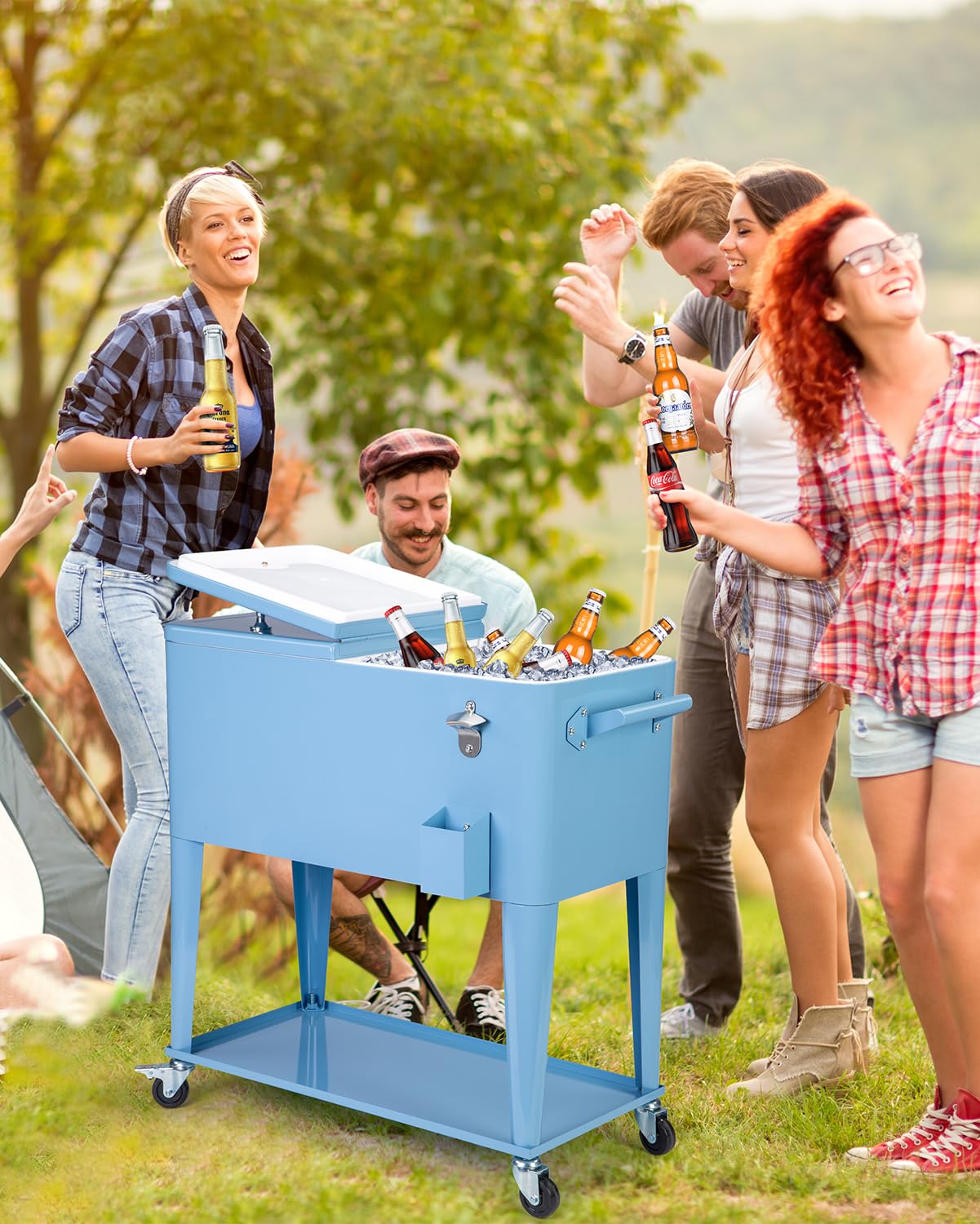 80 Quart Rolling Patio Cooler Cart with Wheels - Portable Beverage Ice Chest, Built-in Shelf & Bottle Opener, Stand-Up Cooler with Handles for Outdoor Parties, Beach, Camping & Tailgating (Blue)