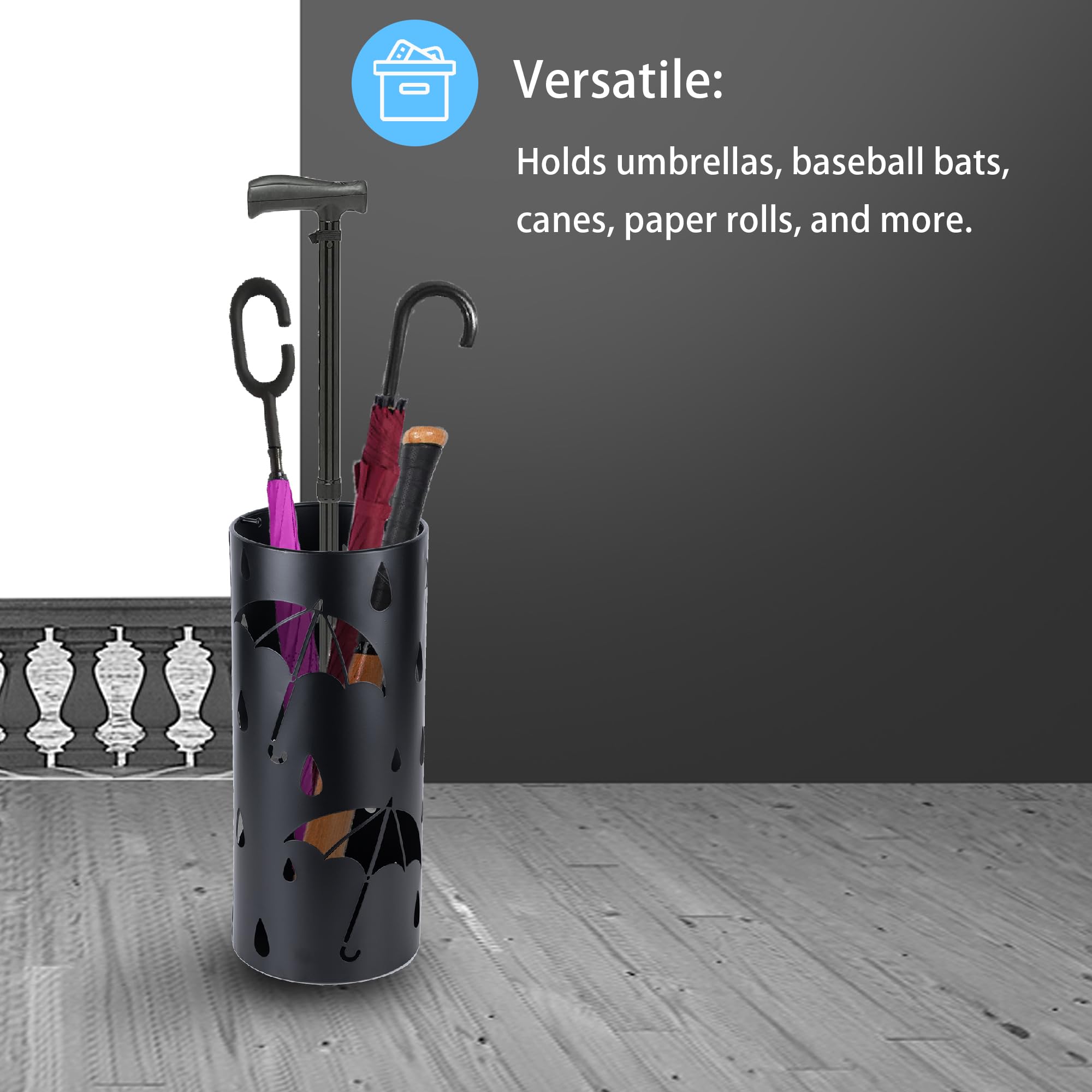 Black Metal Umbrella Stand with Hooks for Entryway & Home Office - 17x7 Inch