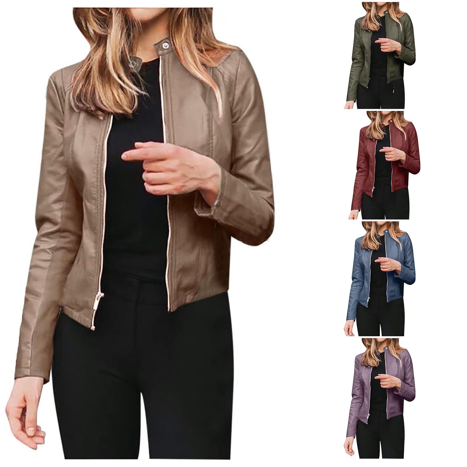 Women's Slim Fit Cropped Leather Biker Jacket - Long Sleeve Zip Up Motorcycle Coat for Riding & Fashion | Perfect for Casual Outfits, Night Out & Fall Layering