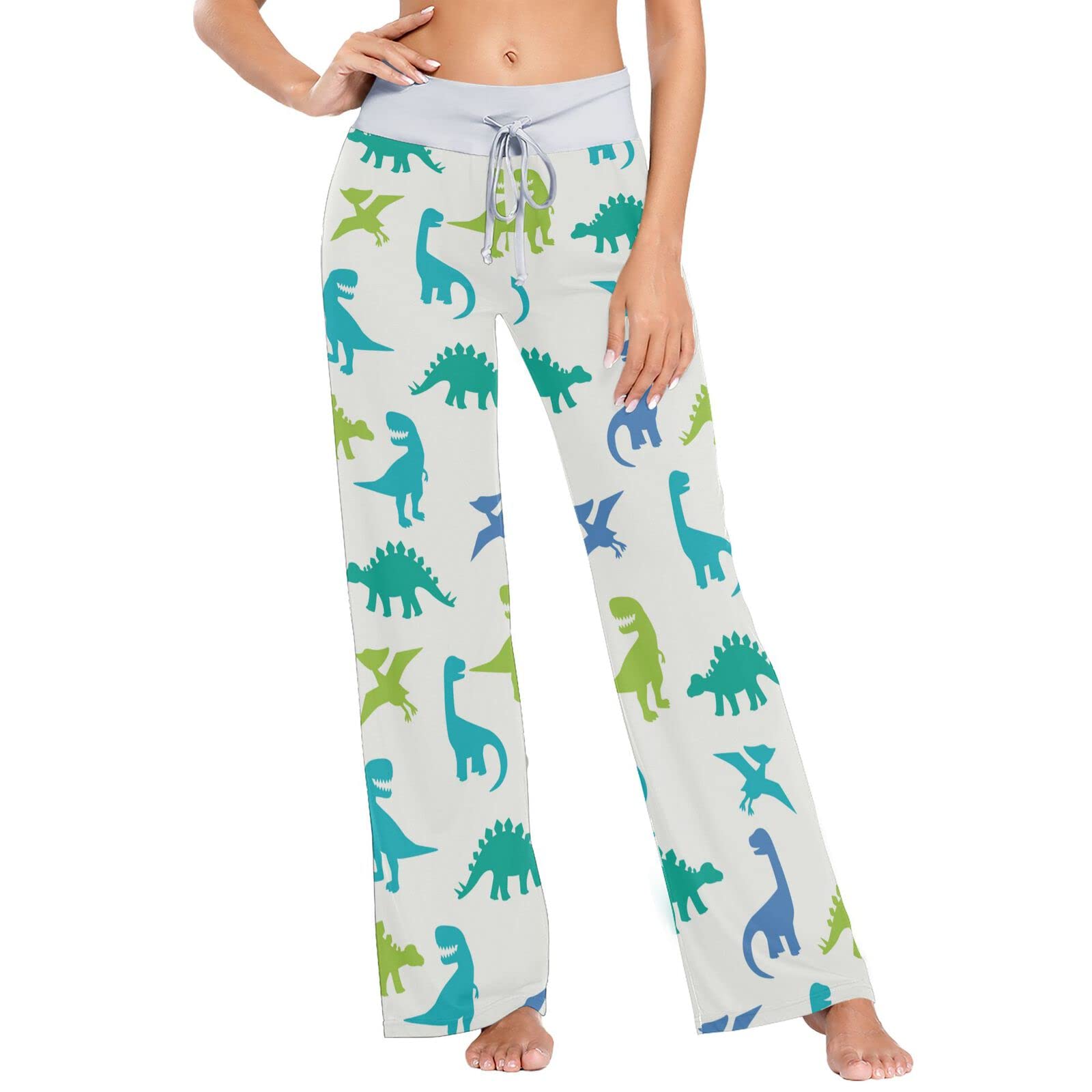 OTVEE Women's Blue Green Dinosaur Print Pajama Pants - Soft Wide Leg Lounge Sleepwear for Women - Perfect for Sleepovers, Relaxing at Home & Cozy Nights