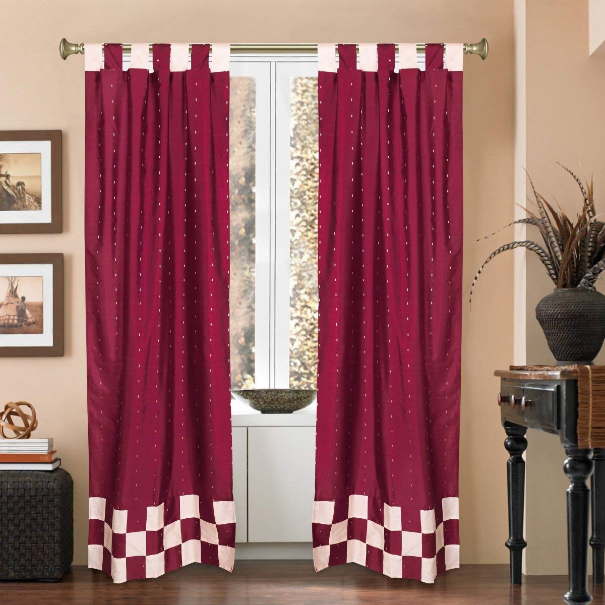 2-Panel Maroon Indian Sari Style Window Curtains with Tab Top - 36 Inches Wide x 96 Inches Long - Perfect for Living Room, Bedroom, and Boho Home Decor