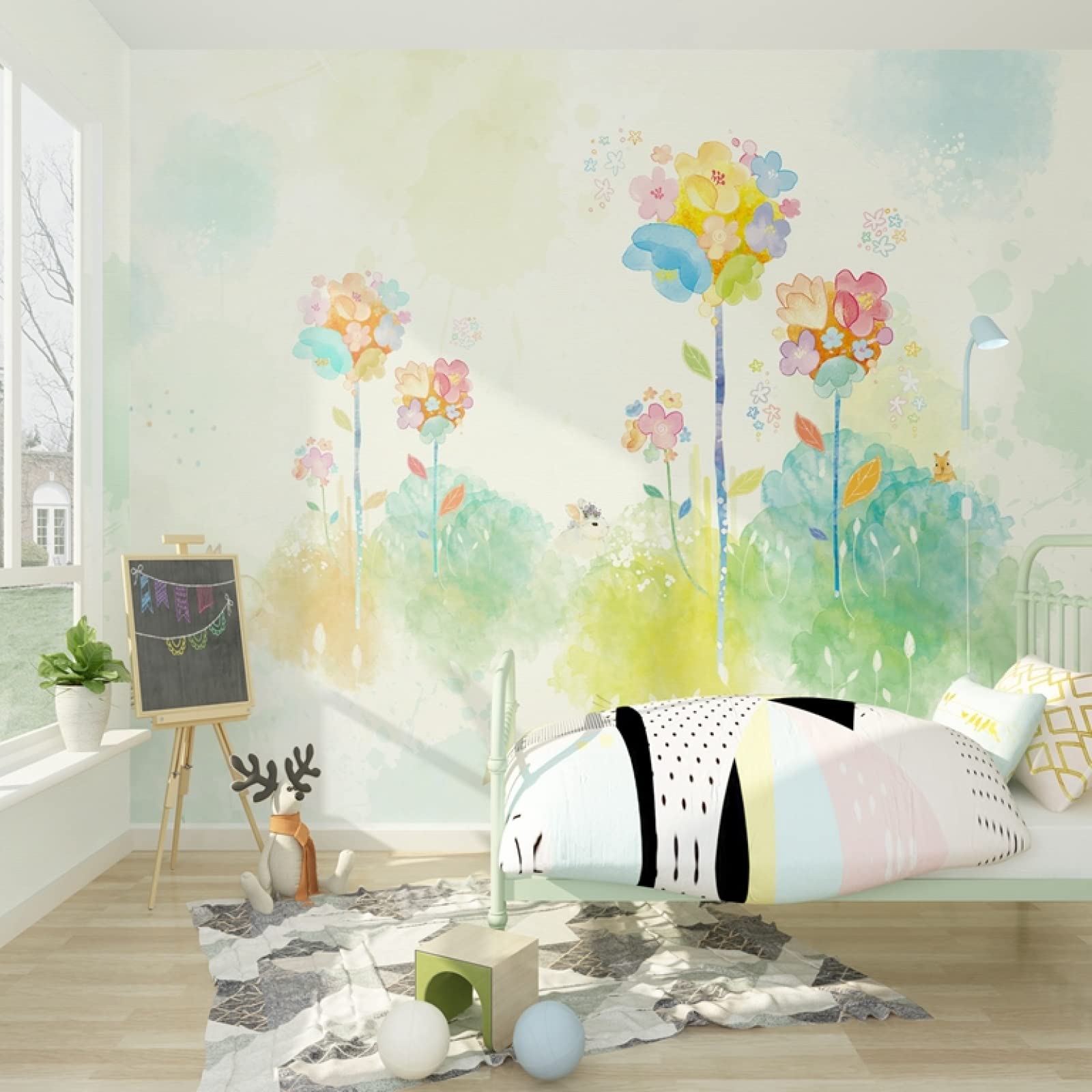3D Watercolor Forest Wall Mural - Cartoon Woods Nursery Wallpaper for Kids Room, Bedroom, Living Room & TV Wall Decor - 98.4