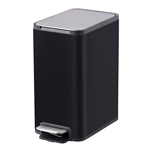 ELPHECO 5 Liter Slim Stainless Steel Step Trash Can with Lid - Rectangular Bathroom Waste Bin with Foot Pedal & Removable Plastic Inner Bucket - Perfect for Small Spaces, Toilets, Offices & Kitchens (Black)