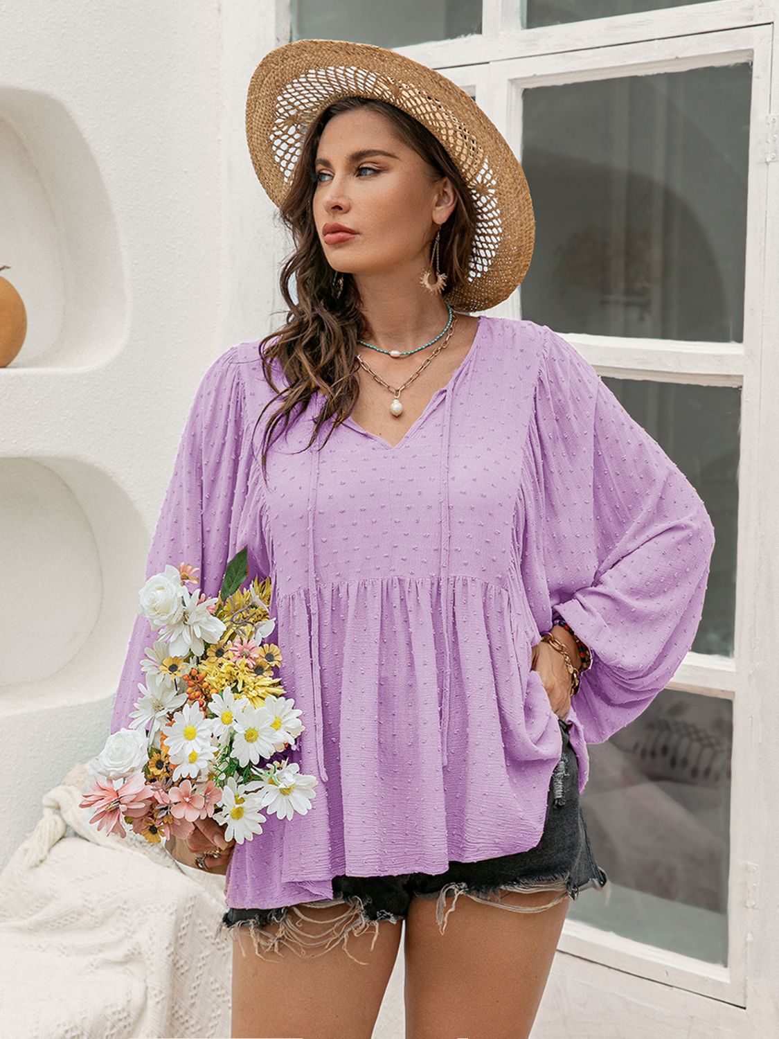 Plus Size Swiss Dot Tie Neck Long Sleeve Blouse for Women - Elegant Office Wear & Casual Outfits - Flattering Work Blouse & Party Top