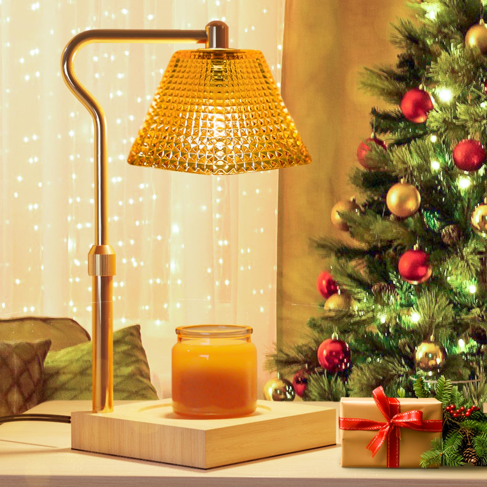 Electric Candle Warmer Lamp with Timer & Dimmer - Adjustable Height Wax Melt Warmer with 2 Bulbs - Scented Candle Heater for Home Decor & Aromatherapy - Perfect for Living Room, Bedroom, Spa & Office (Gold)