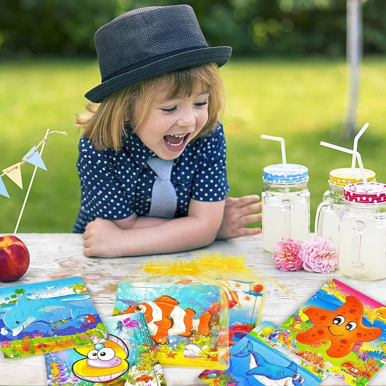 12 Pack Wooden Jigsaw Puzzles for Kids Ages 4-8 - Sea Animals Theme with Organza Bags - 20 Pieces Each - Perfect Birthday Party Favors, Classroom Rewards & Educational Toys for Boys and Girls