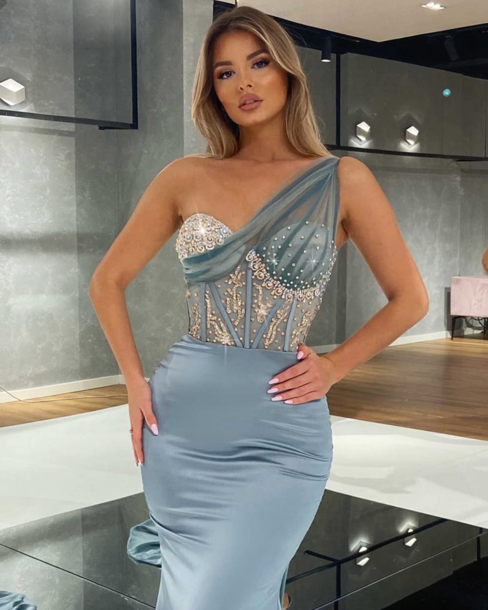 Elegant Beaded One Shoulder Mermaid Bridesmaid Dress for Women - Perfect for Evening Parties, Weddings & Formal Events